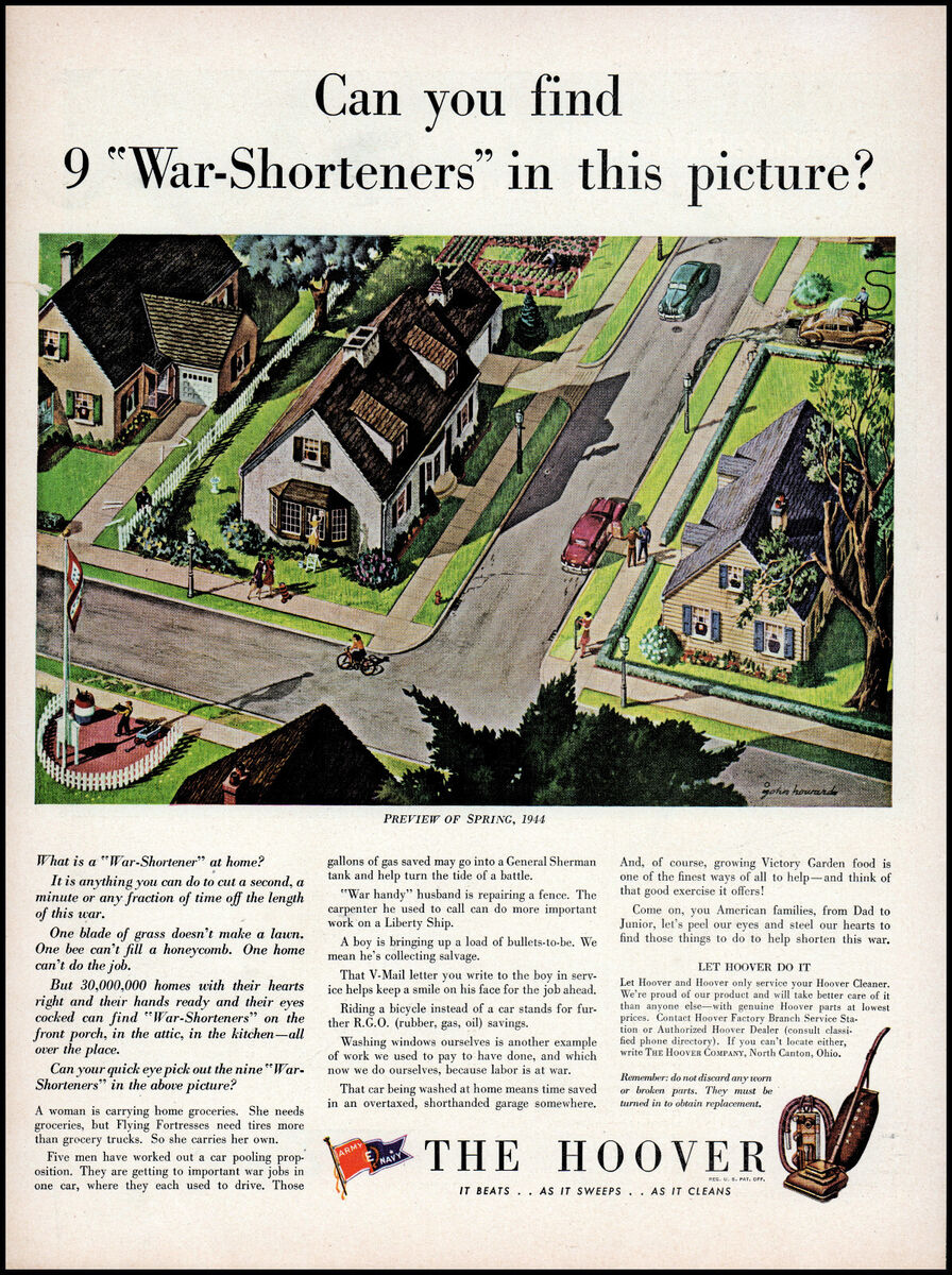 Vintage Hoover Company ad: Illustrated by John C Howard, showcasing a house and street in captivating detail.