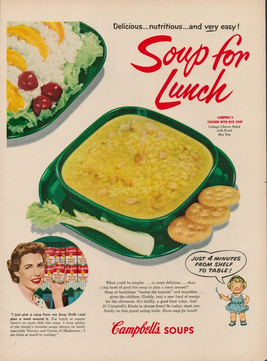 Nostalgic 1950s Campbell&apos;s Soup lunch, featuring vintage advertising likely by John C Howard.