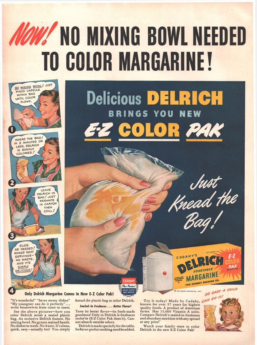 Delrich EZ Color Pak Margarine: Vintage Advertising likely Illustrated by John C Howard.