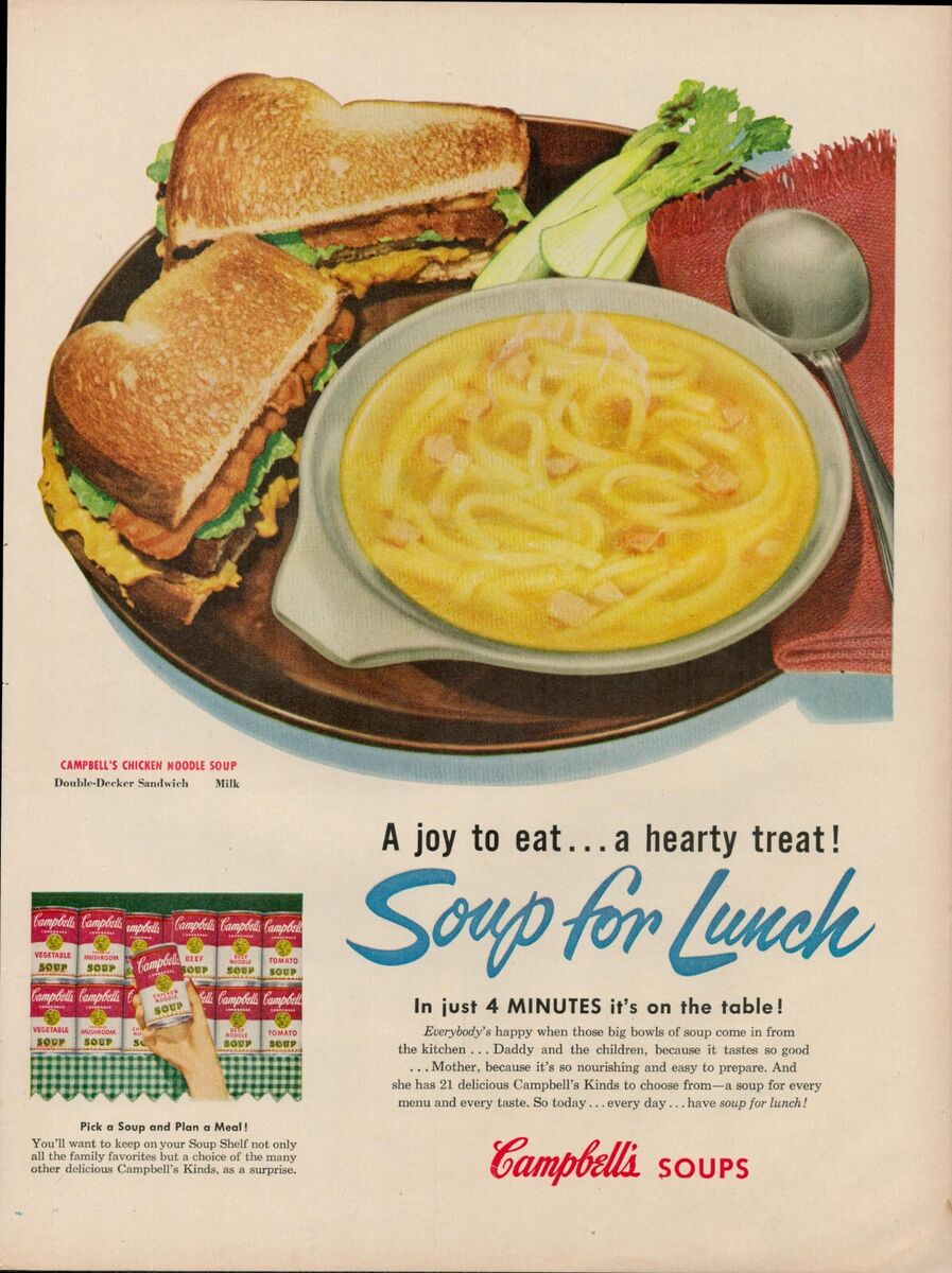 Nostalgic 1950s Campbell&apos;s Soup lunch, featuring vintage advertising likely by John C Howard.