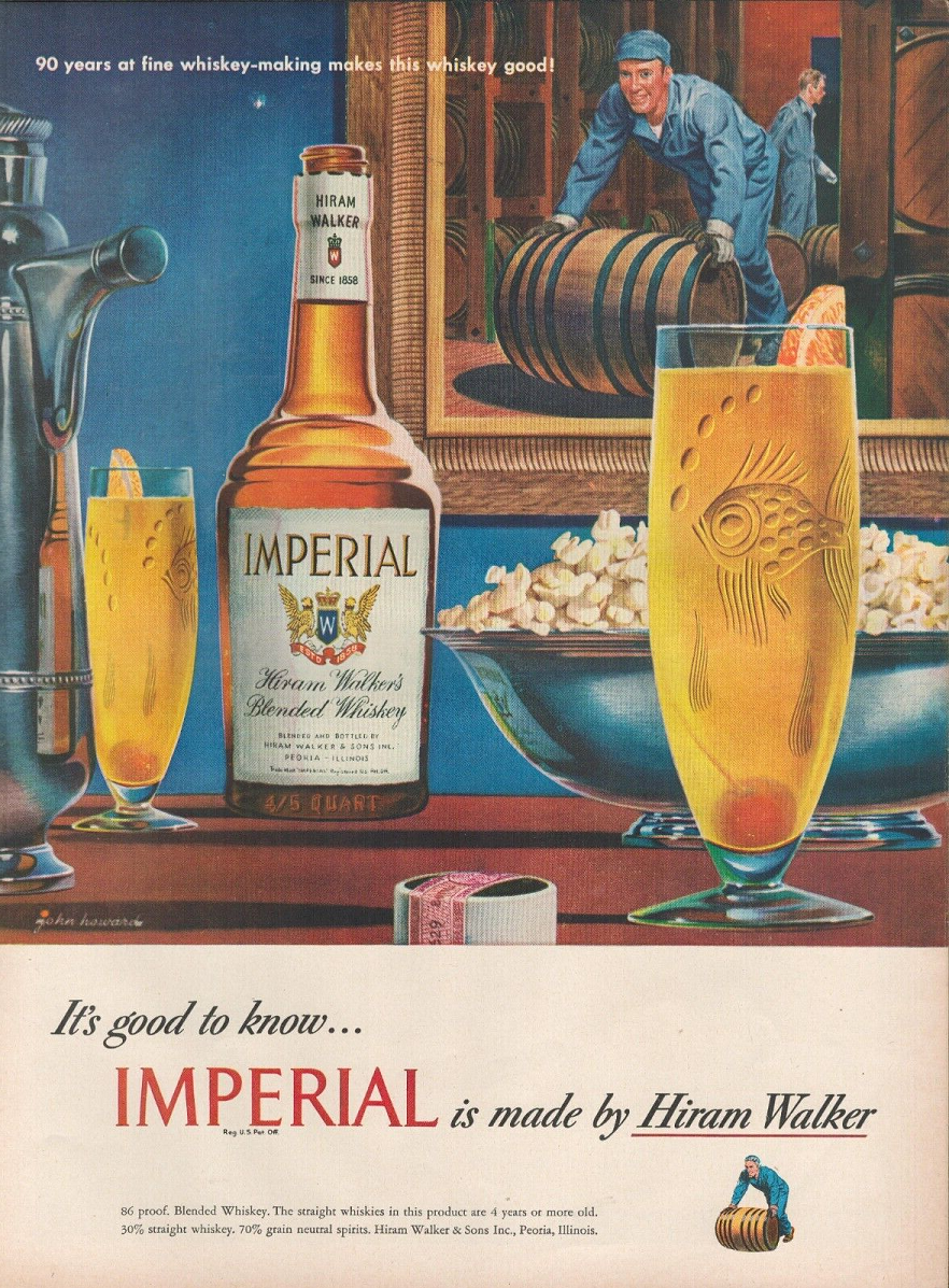 Vintage Imperial Whiskey ad: Glasses and a bottle depicted in an illustration by John C Howard.