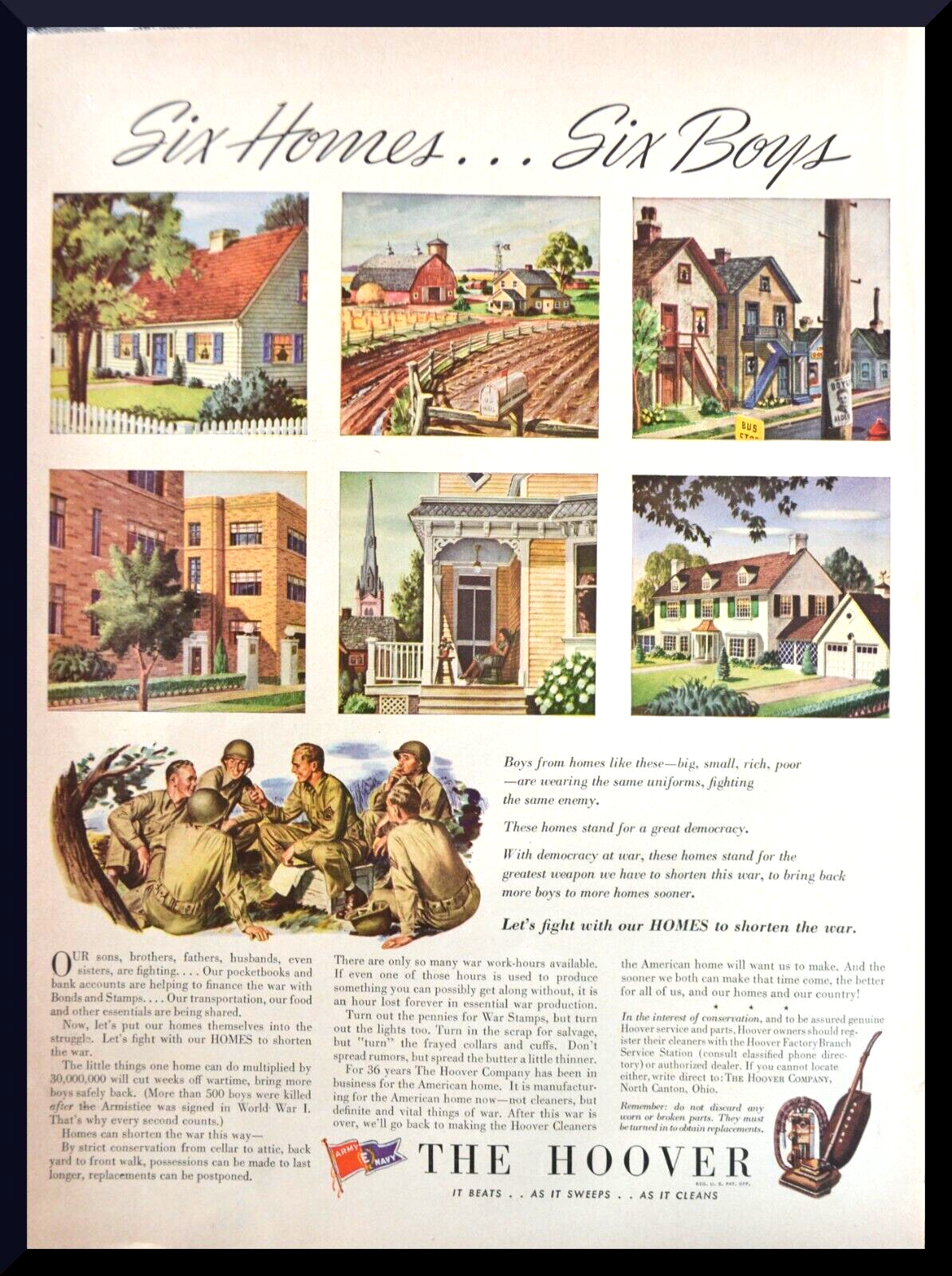 Vintage Hoover Company ad with illustrated houses. Created by John C Howard.