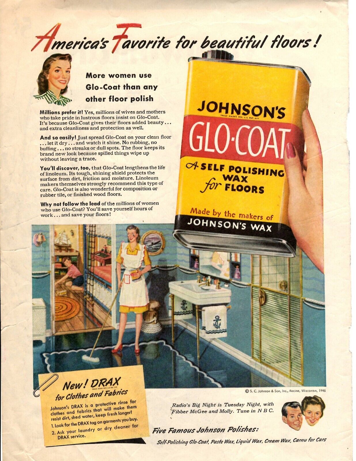 A vintage ad for Johnson&apos;s Glo Coat, likely illustrated by John C Howard, showcasing the product&apos;s appeal and charm.