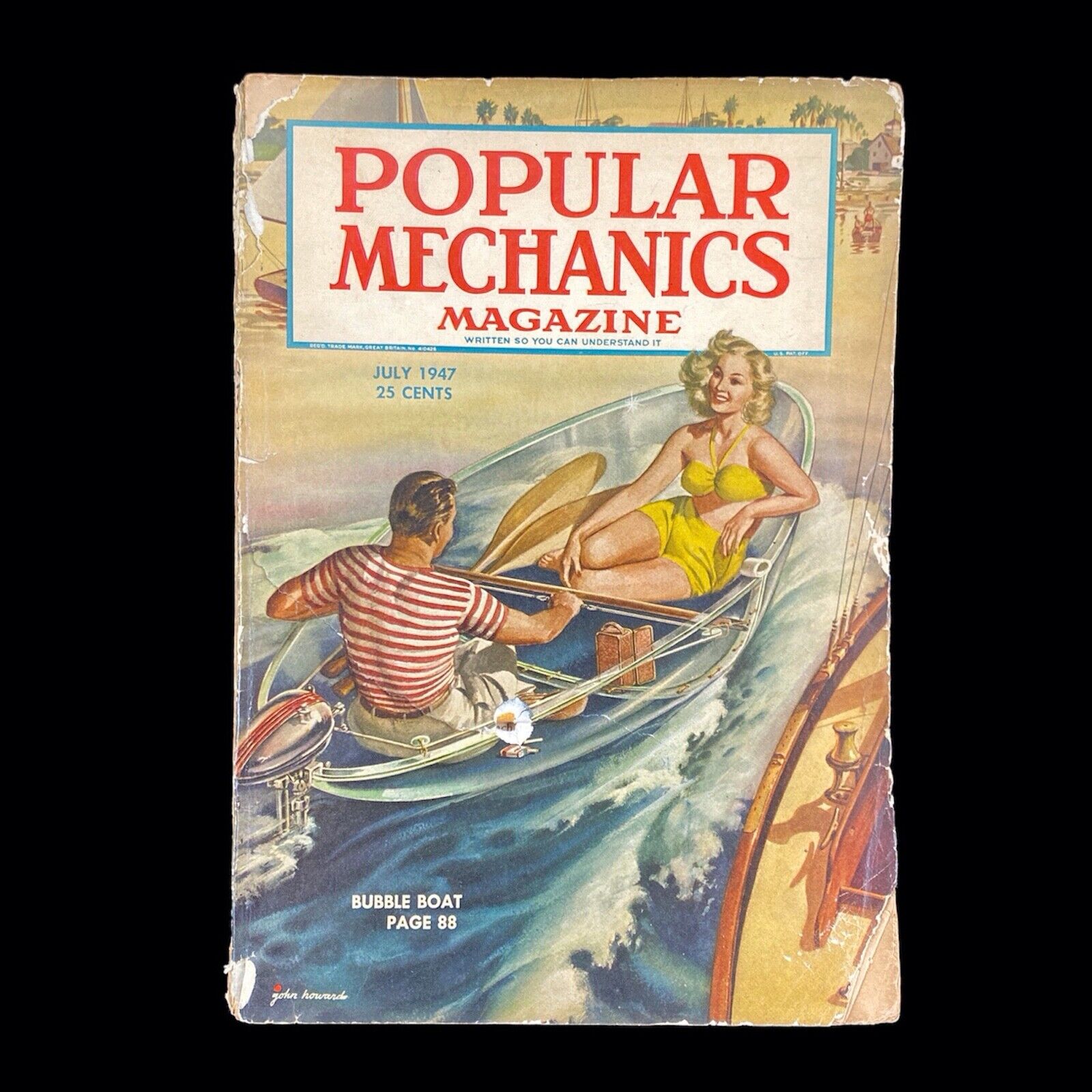 Popular Mechanics Magazine, July 1947. Vintage advertising illustrated by John C Howard. Couple on a clear bubble boat.
