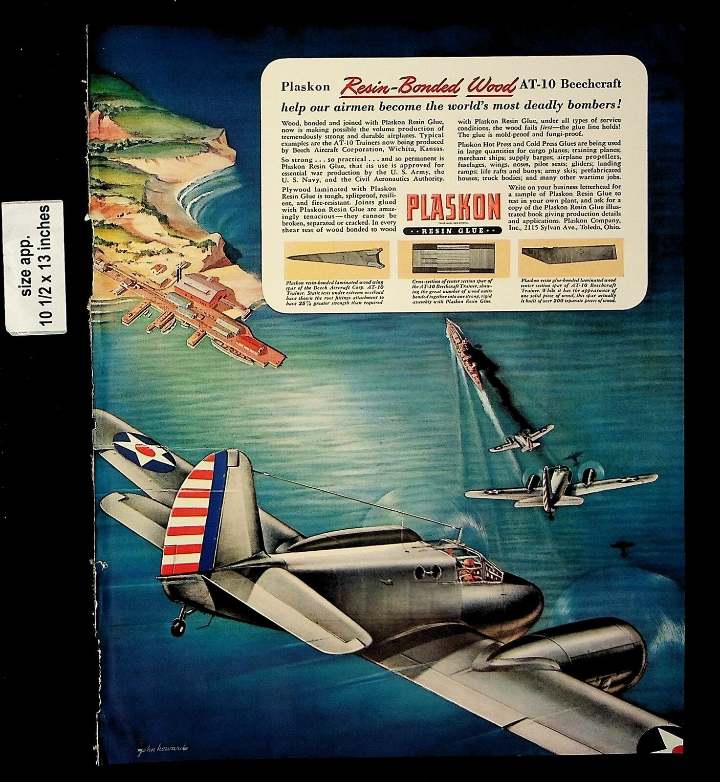 Vintage ad for Plaskon plane flying over water, illustrated by John C Howard.
