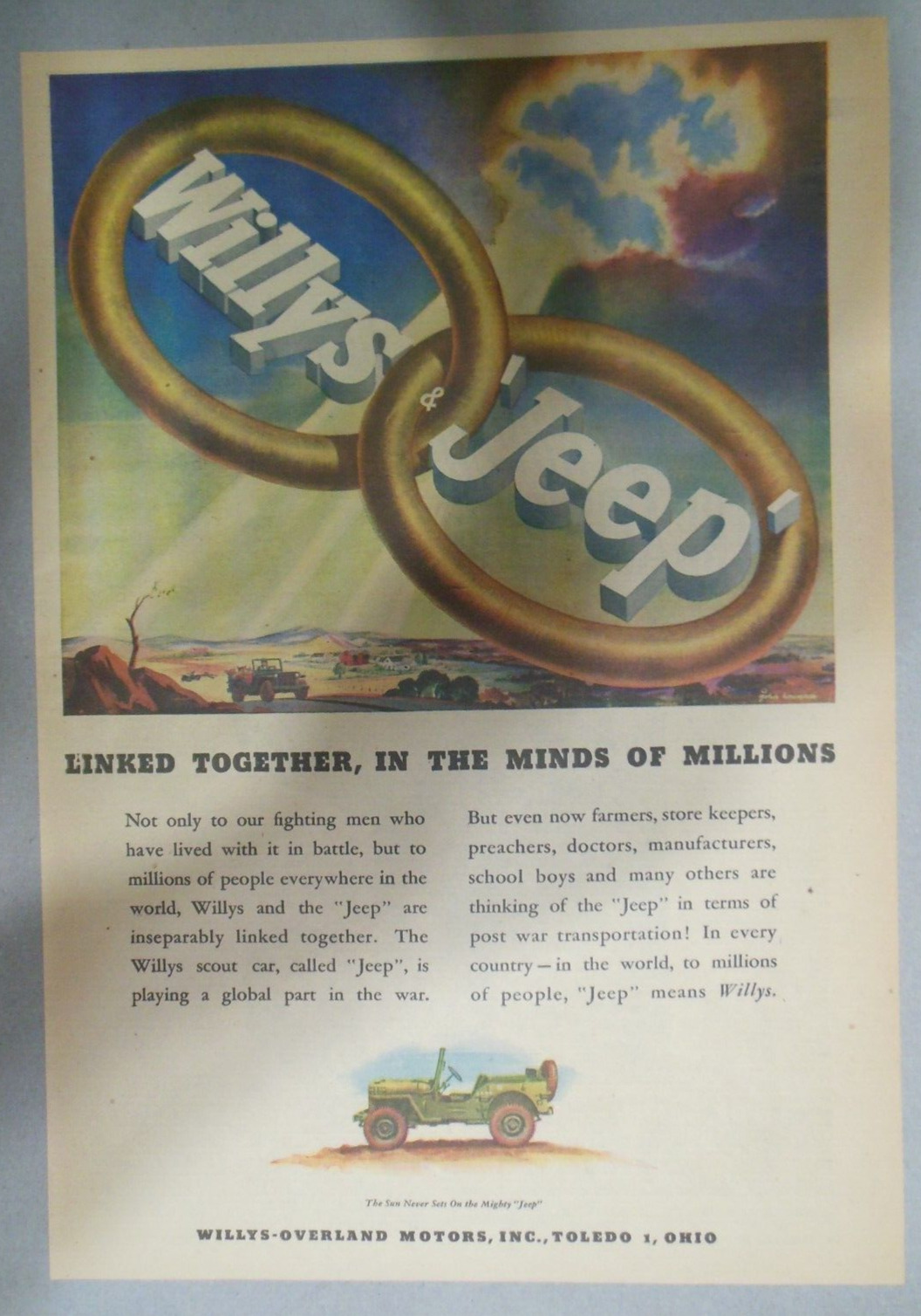  Vintage advertisement for Willys Jeep, illustrated by John C Howard.