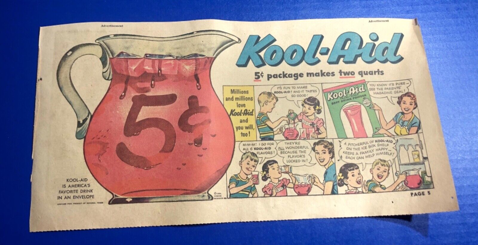 A vintage newspaper advertisement for Kool-Aid, likely illustrated by John C Howard, showcasing the iconic drink in a visually appealing manner.