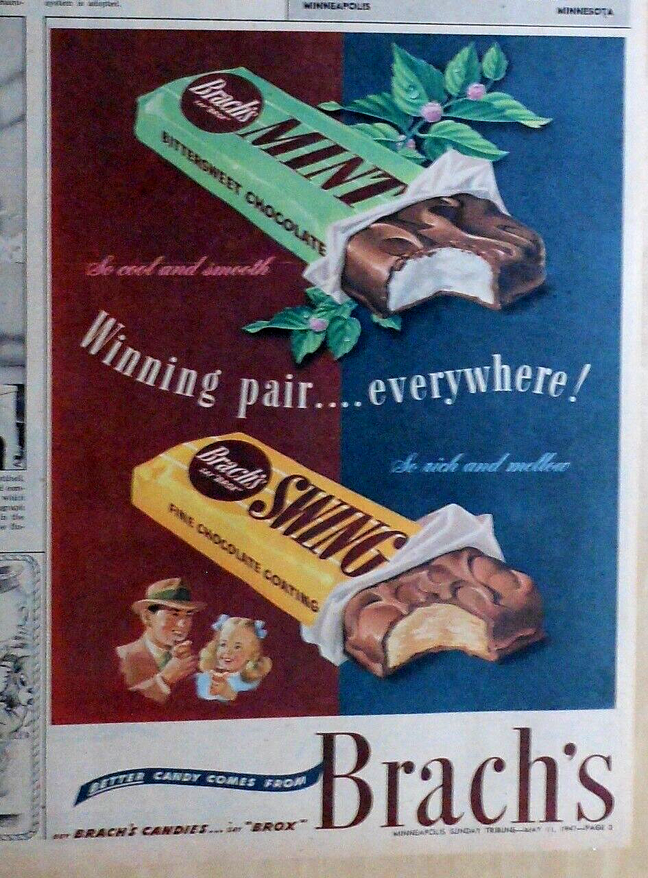 Vintage Brach&apos;s chocolate bar ad from 1950, likely illustrated by John C Howard.