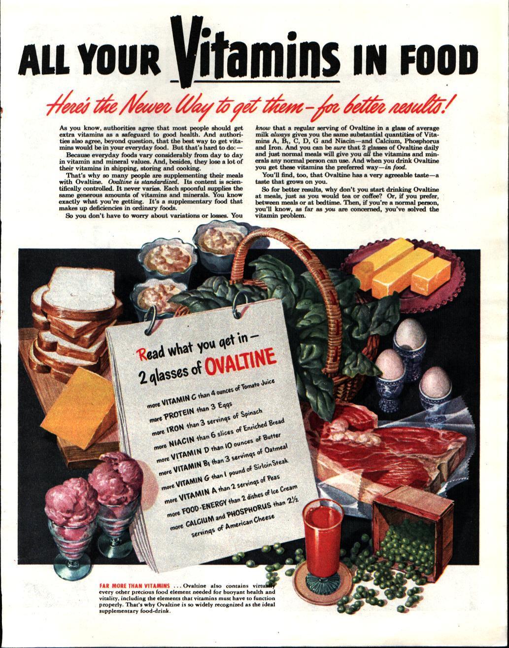 A vintage ad by John C Howard showcasing a Ovaltine drink with a diverse range of foods.