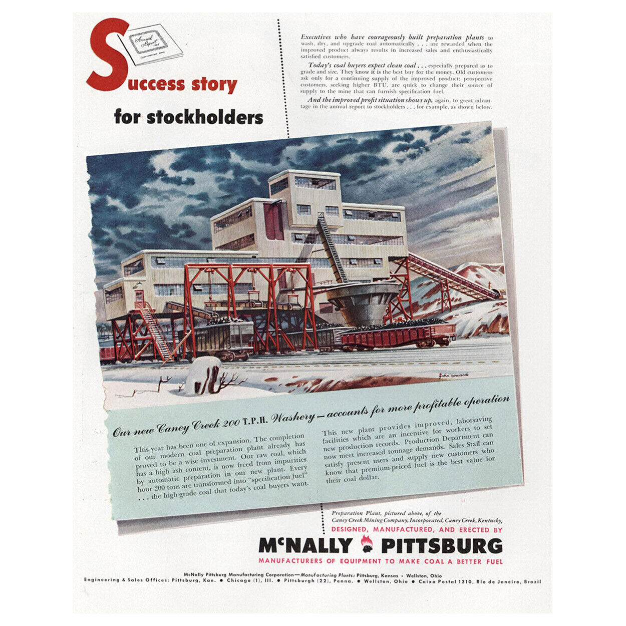 John C Howard&apos;s 1949 illustration of Pittsburgh coal mill in vintage ad.