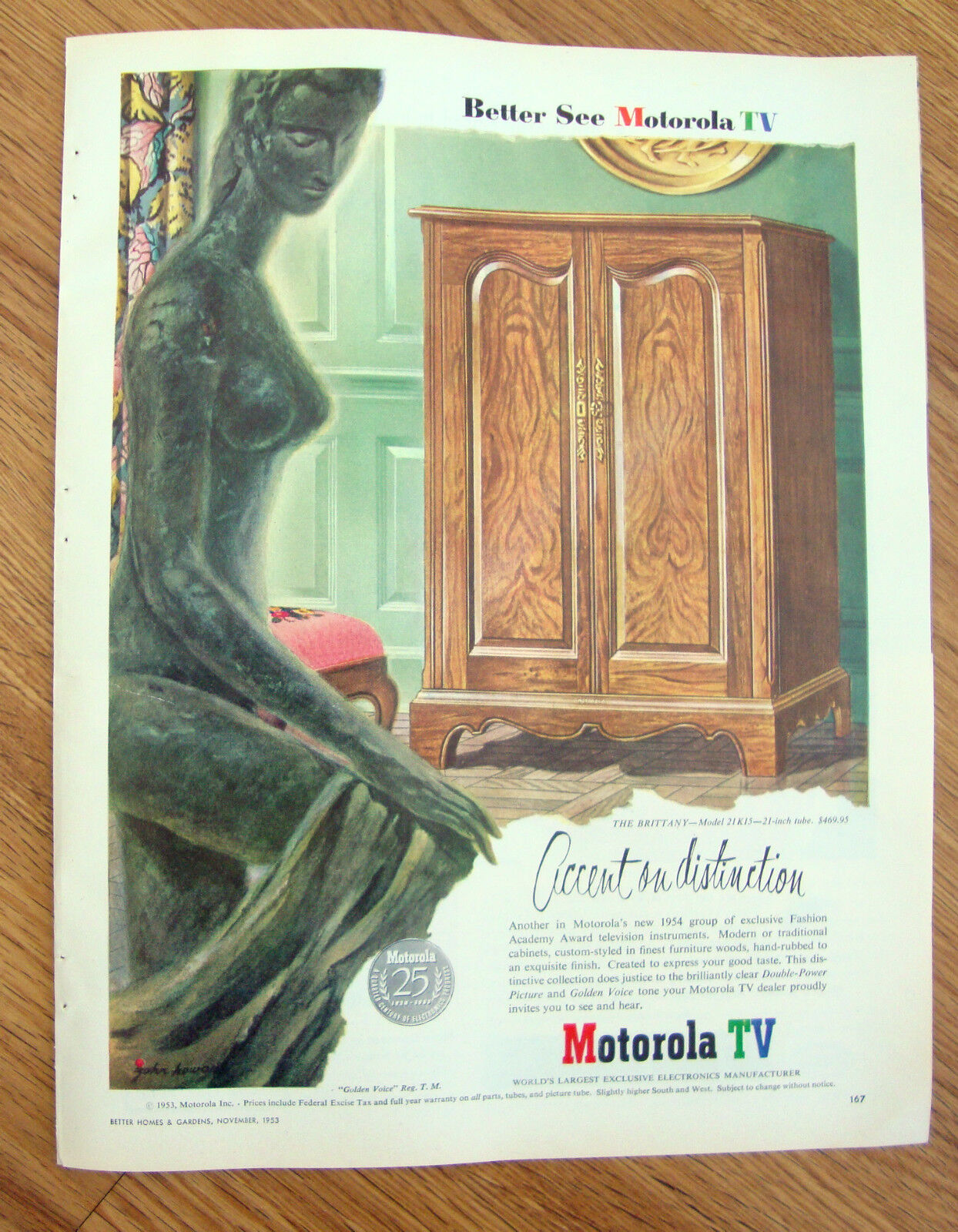 1961 vintage ad for Motola TV, illustrated by John C Howard.