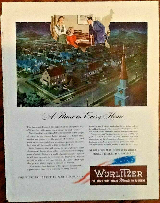 Vintage advertisement for Wurlitzer, a piano company, illustrated by John C Howard.