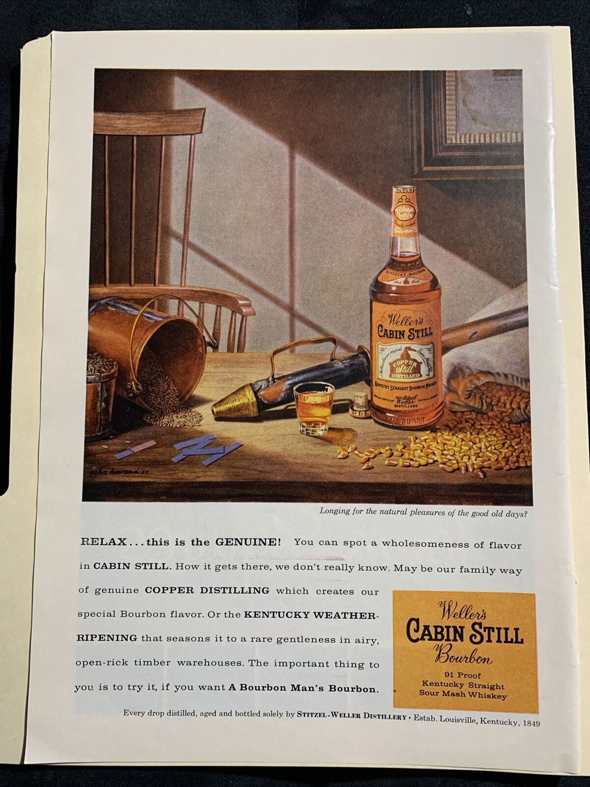 Illustrated vintage advertisement for Wellers Cabin Still Whiskey by John C Howard