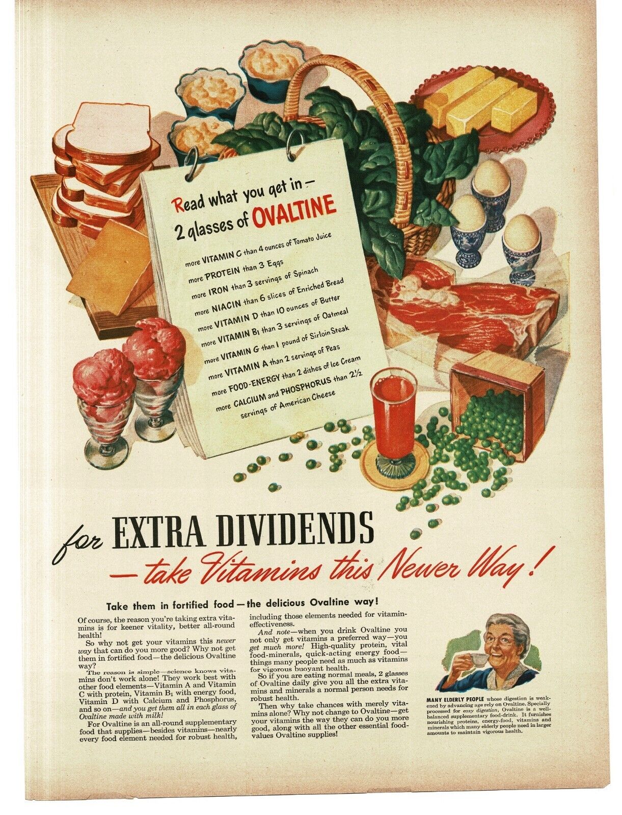 A vintage ad by John C Howard showcasing a Ovaltine drink with a diverse range of foods.