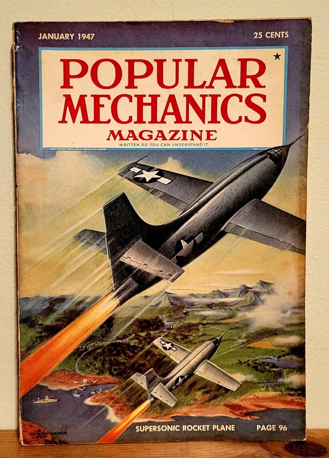 Popular Mechanics Magazine, Jan 1947. Vintage advertising illustrated by John C Howard. Featuring the Supersonic Rocket Plane.