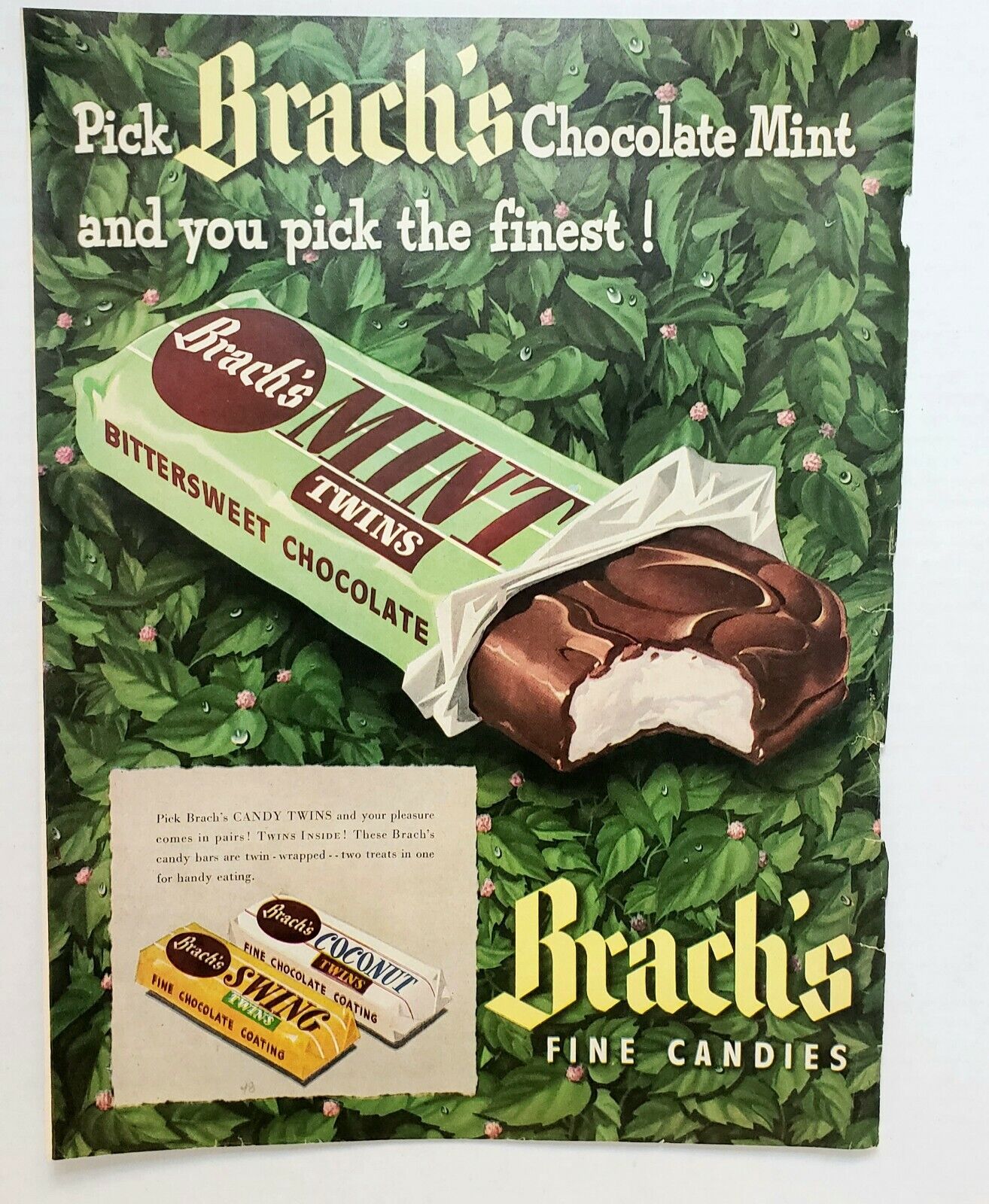 Vintage Brach&apos;s mint chocolate bar ad likely illustrated by John C Howard.
