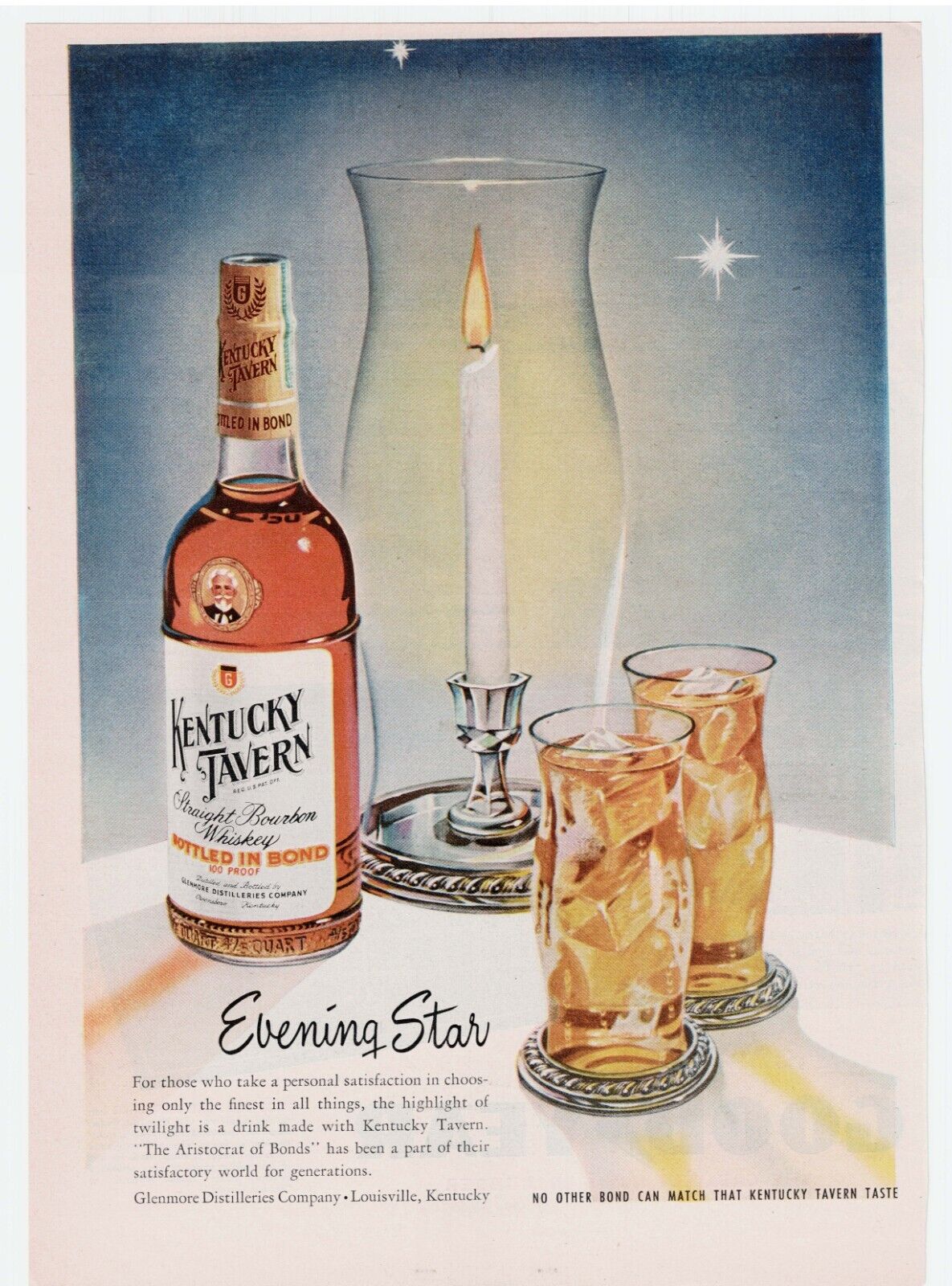 Vintage ad for Kentucky Tavern bourbon showcasing a decorative punchbowl and bottle. Likely Illustrated by John C Howard.