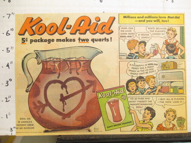 A vintage newspaper advertisement for Kool-Aid, likely illustrated by John C Howard, showcasing the iconic drink in a visually appealing manner.