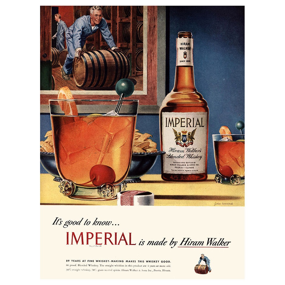 Vintage Imperial Whiskey ad: Illustrated by John C Howard, this captivating advertisement features a glass of whiskey, enticing viewers with the allure of the esteemed Imperial Whiskey.
