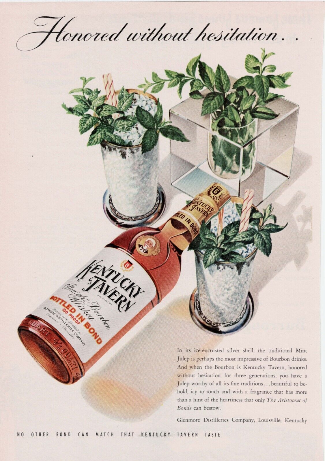 Vintage ad for Kentucky Tavern bourbon showcasing a decorative punchbowl and bottle. Likely Illustrated by John C Howard.
