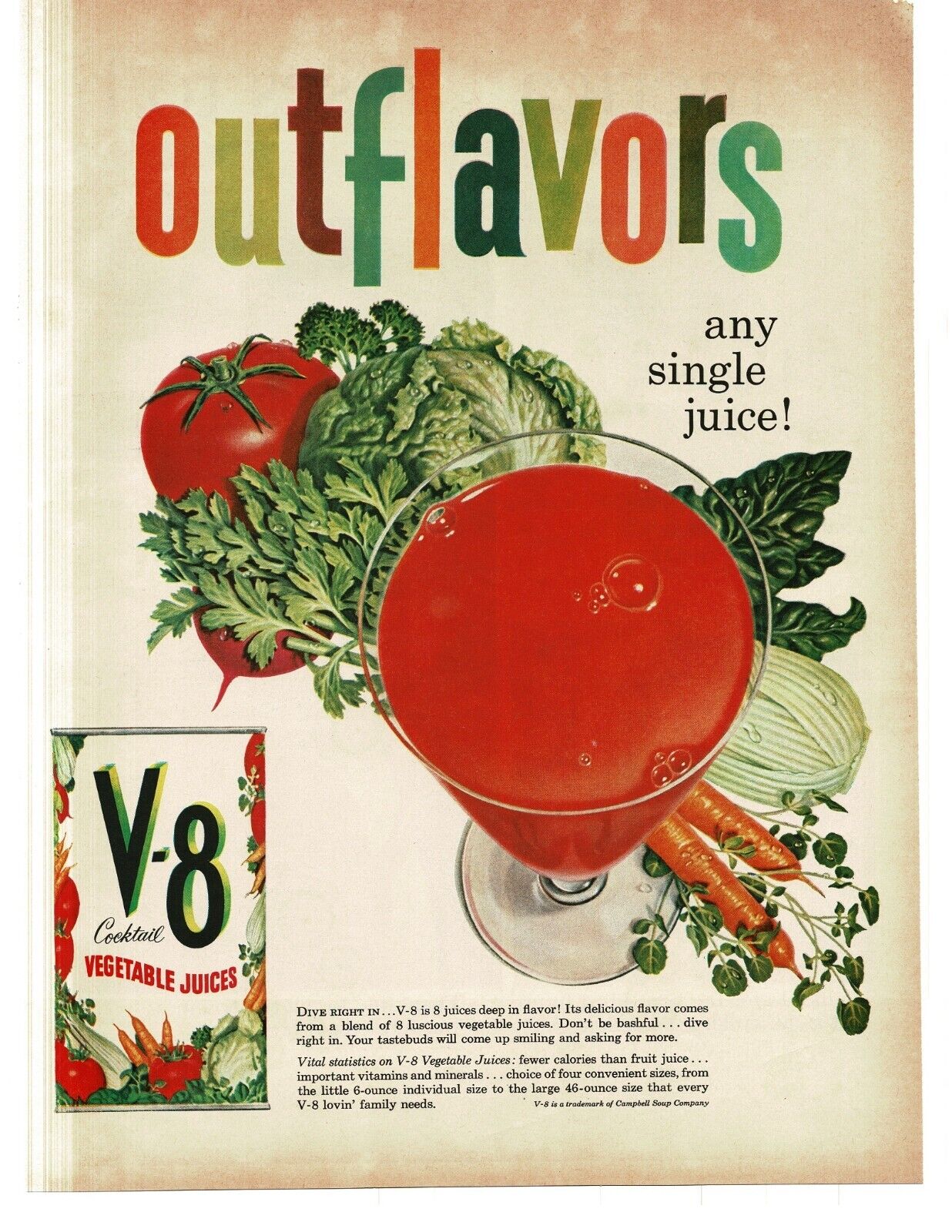 A vintage ad by John C Howard for V8 juice, surpassing all other juice drink ads in flavor, from 1958