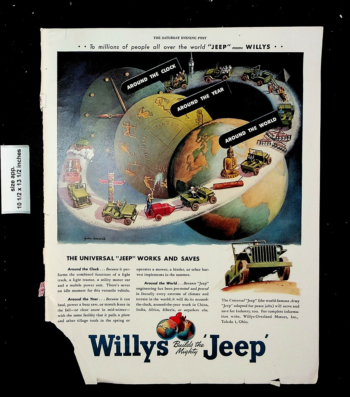  Vintage advertisement for Willys Jeep, illustrated by John C Howard.