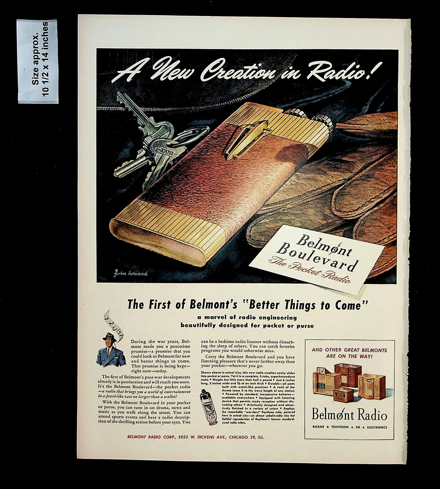 Vintage ad for Belmont slimline pocket radio. Illustrated by John C Howard. 1940s.