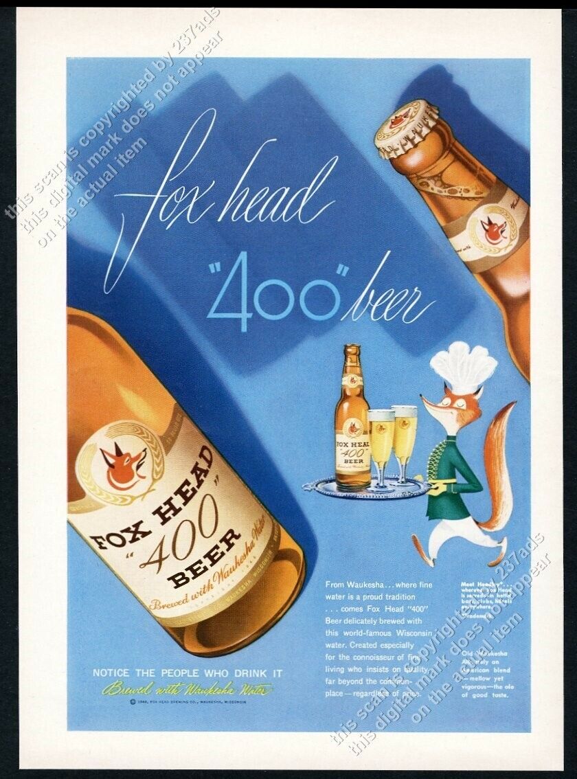 Vintage Fox Head Beer ad likely illustrated by John C Howard, featuring &apos;Fox Head Beer&apos;.