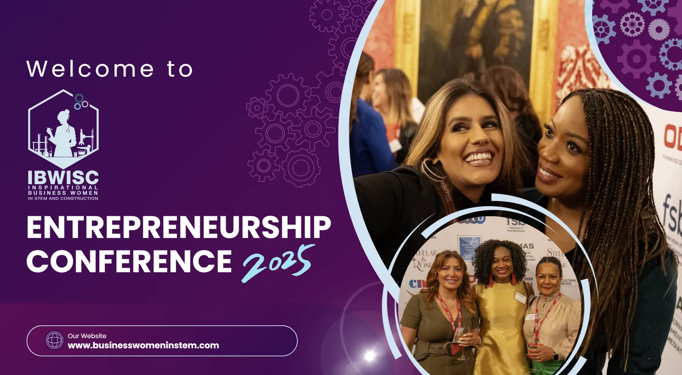 Purple conference welcome graphic with the IBWISC logo, alongside photographs of women at the awards.