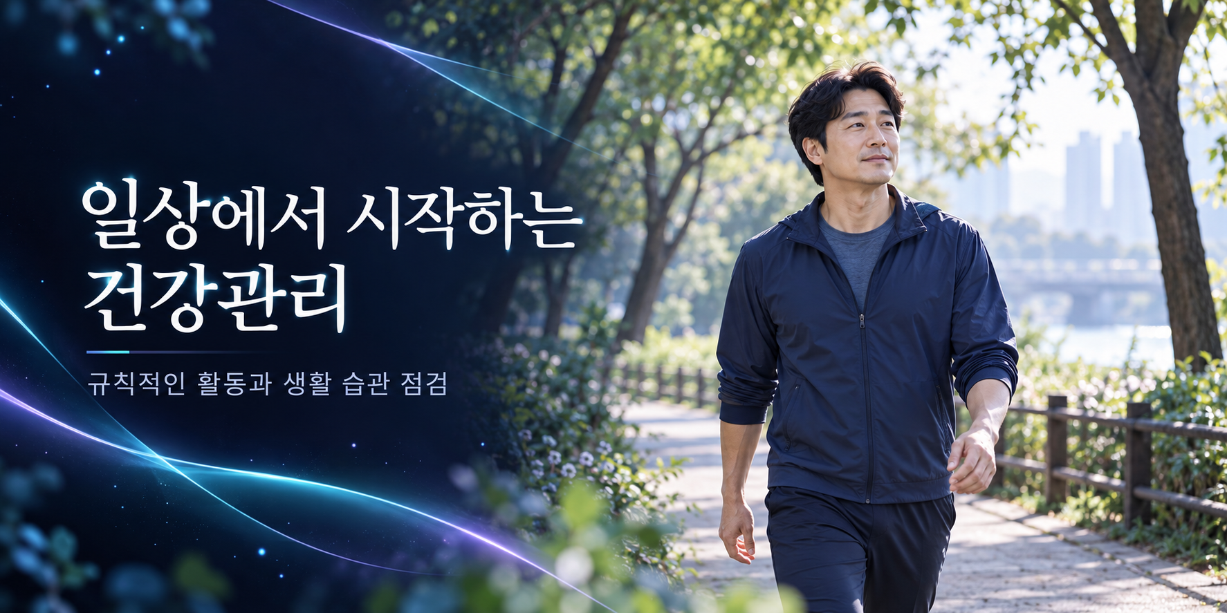 공원에서 걷는 남성과 규칙적인 활동·생활 습관 점검을 안내하는 건강관리 이미지