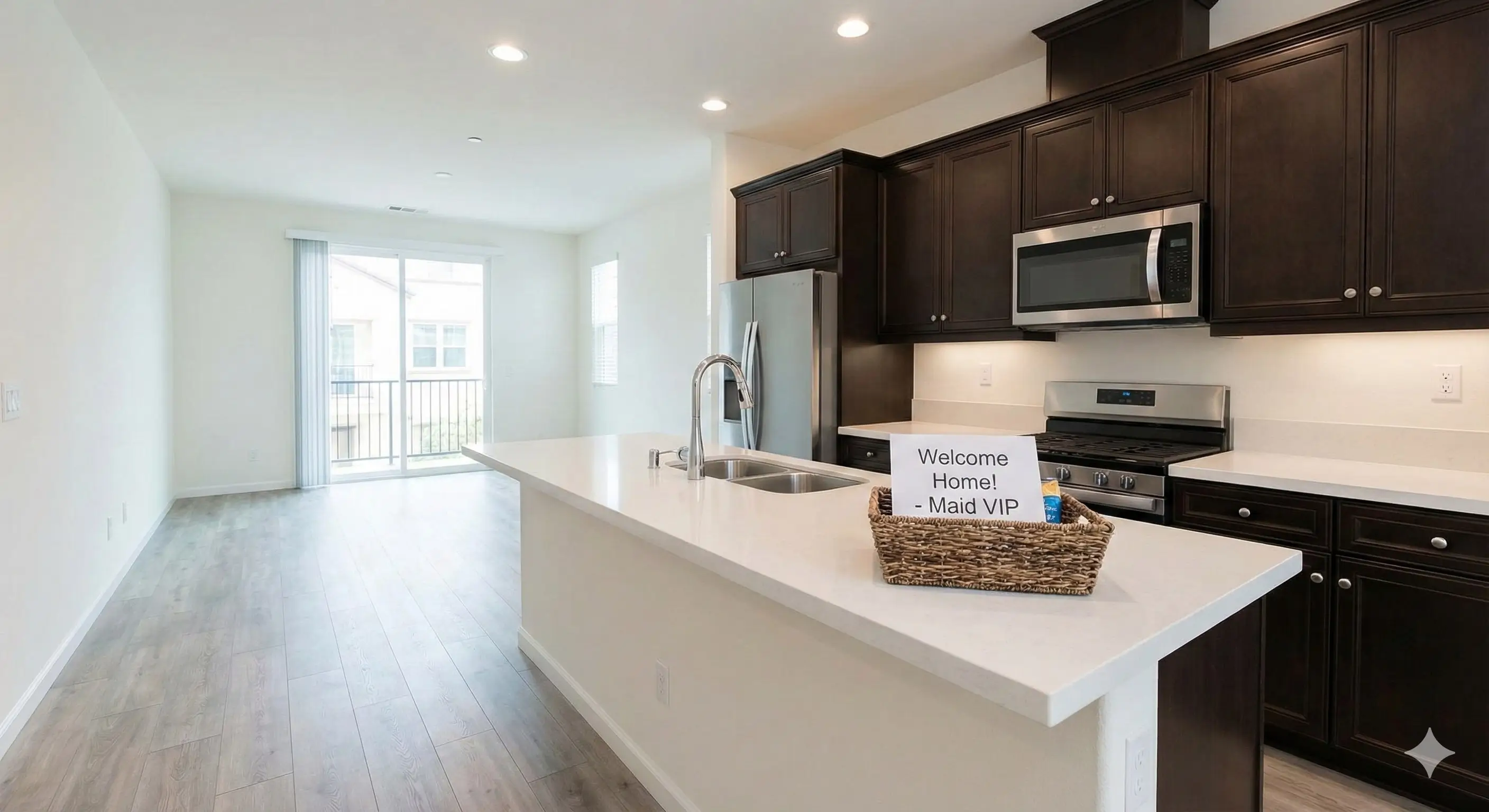 Clean empty luxury apartment in Newbury Park with a "Welcome Home - Maid VIP" basket on the counter.
