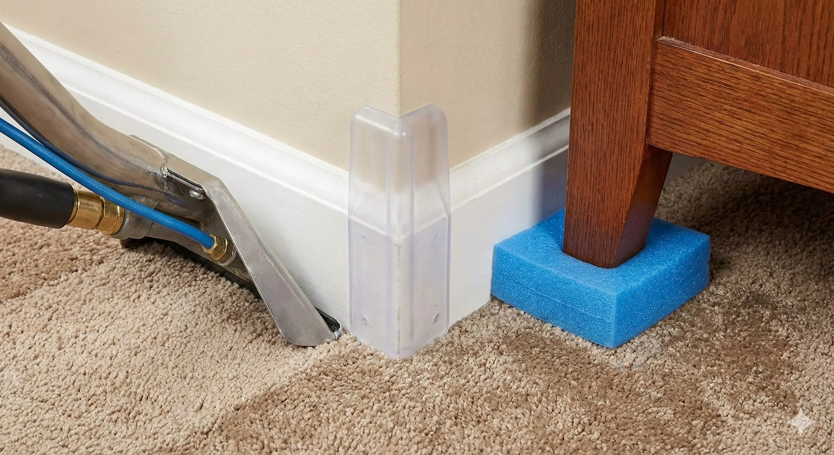 Close-up of a plastic corner guard protecting a wall baseboard and a blue foam block under a wooden furniture leg during cleaning.
