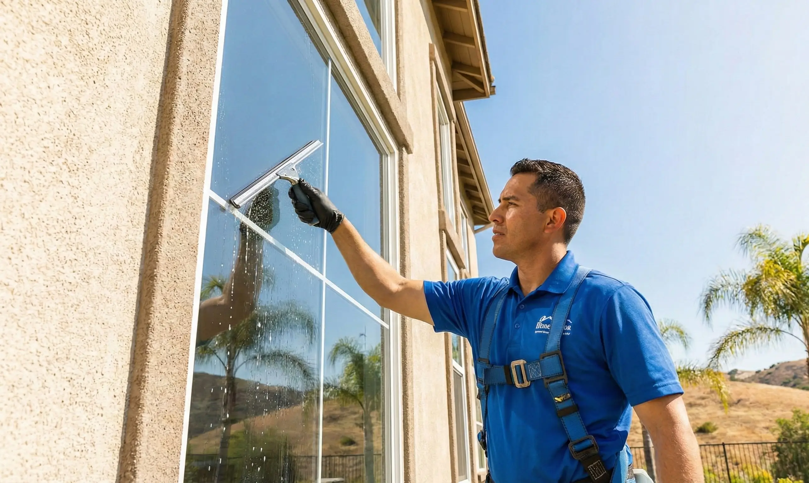 Professional window washer squeegeeing a second-story window to remove hard water stains.