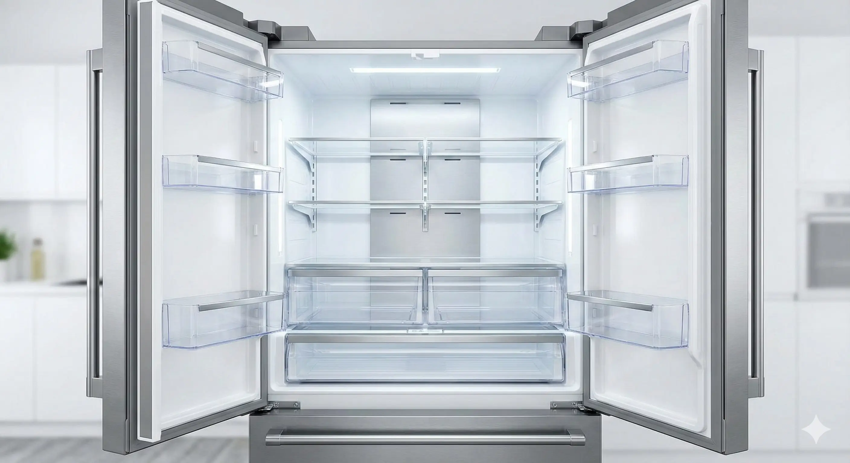 View inside a sparkling clean, empty stainless steel refrigerator with bright LED lighting and sanitized shelves.