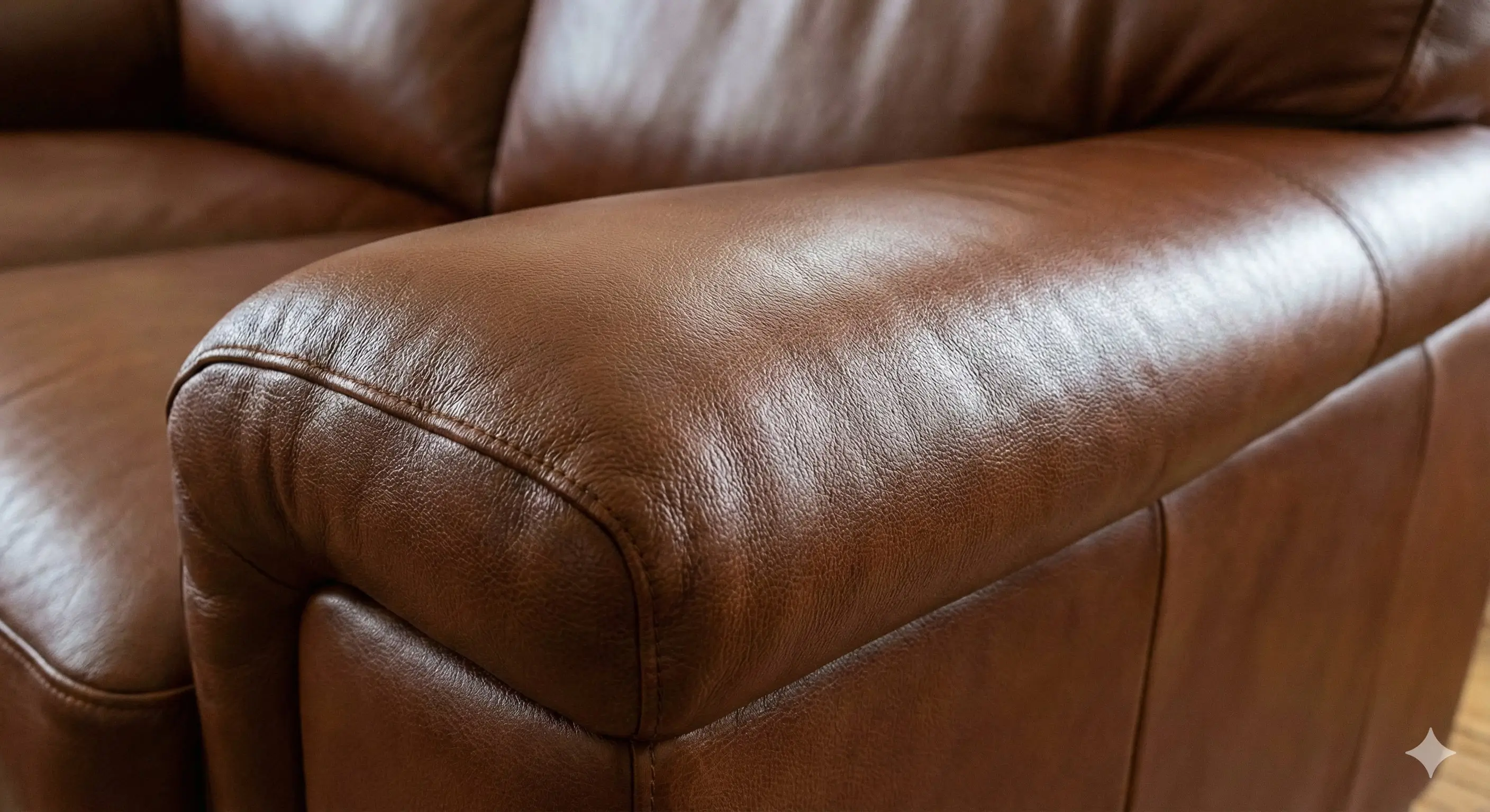 Close-up of rich brown leather texture looking hydrated and soft after conditioning treatment.