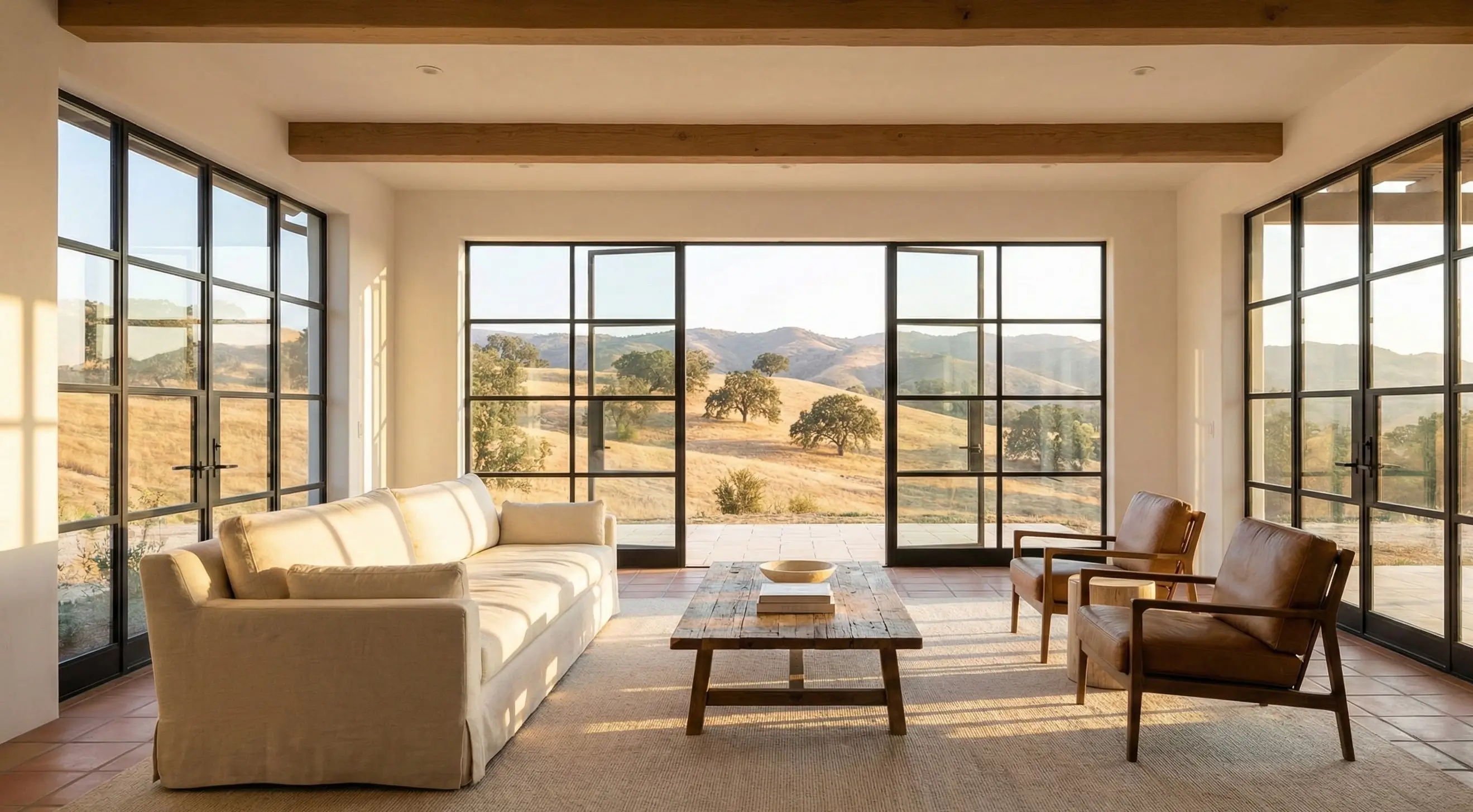 Pristine luxury living room in Thousand Oaks with views of the Conejo Valley, cleaned by Maid VIP.