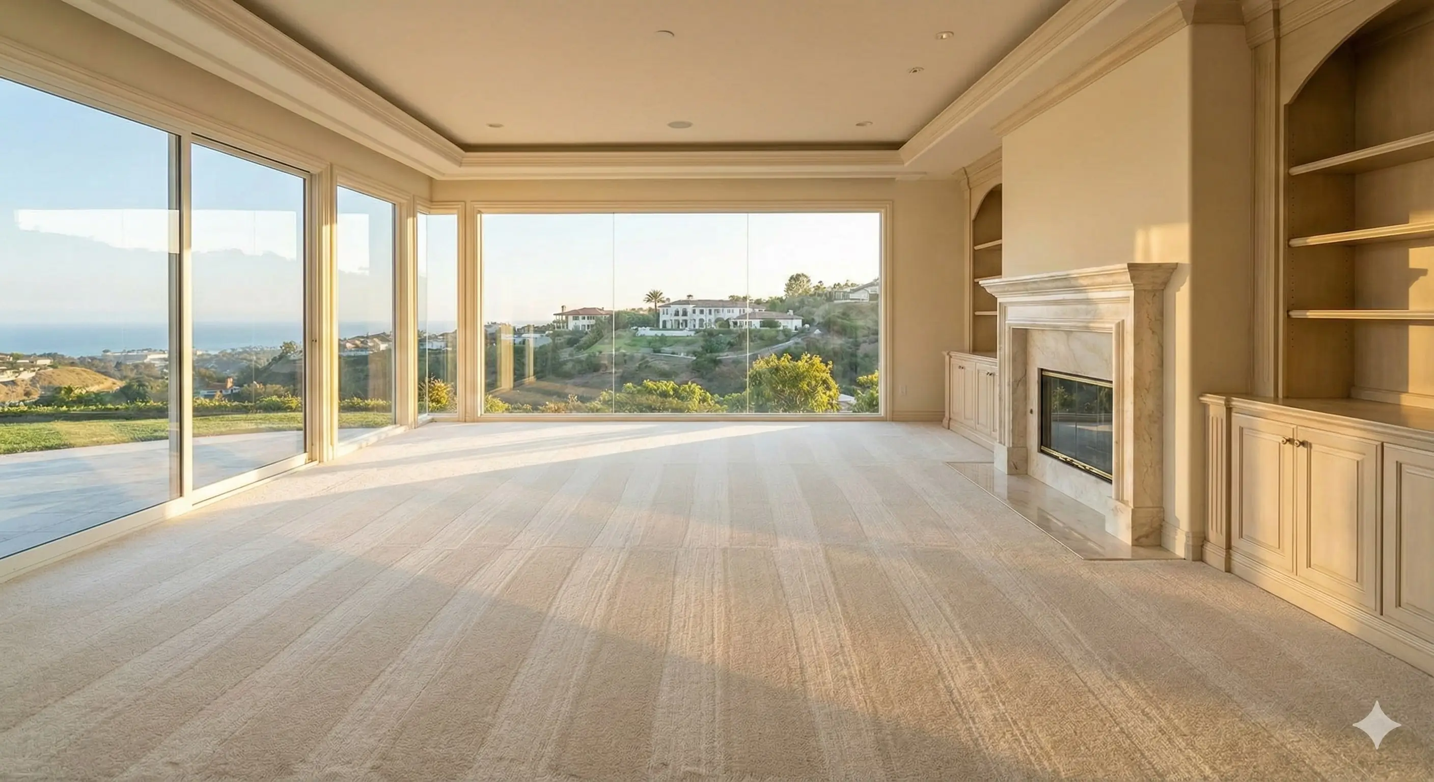 Empty luxury living room in Southern California with perfect vacuum lines on beige carpet and sunlight streaming through large windows.