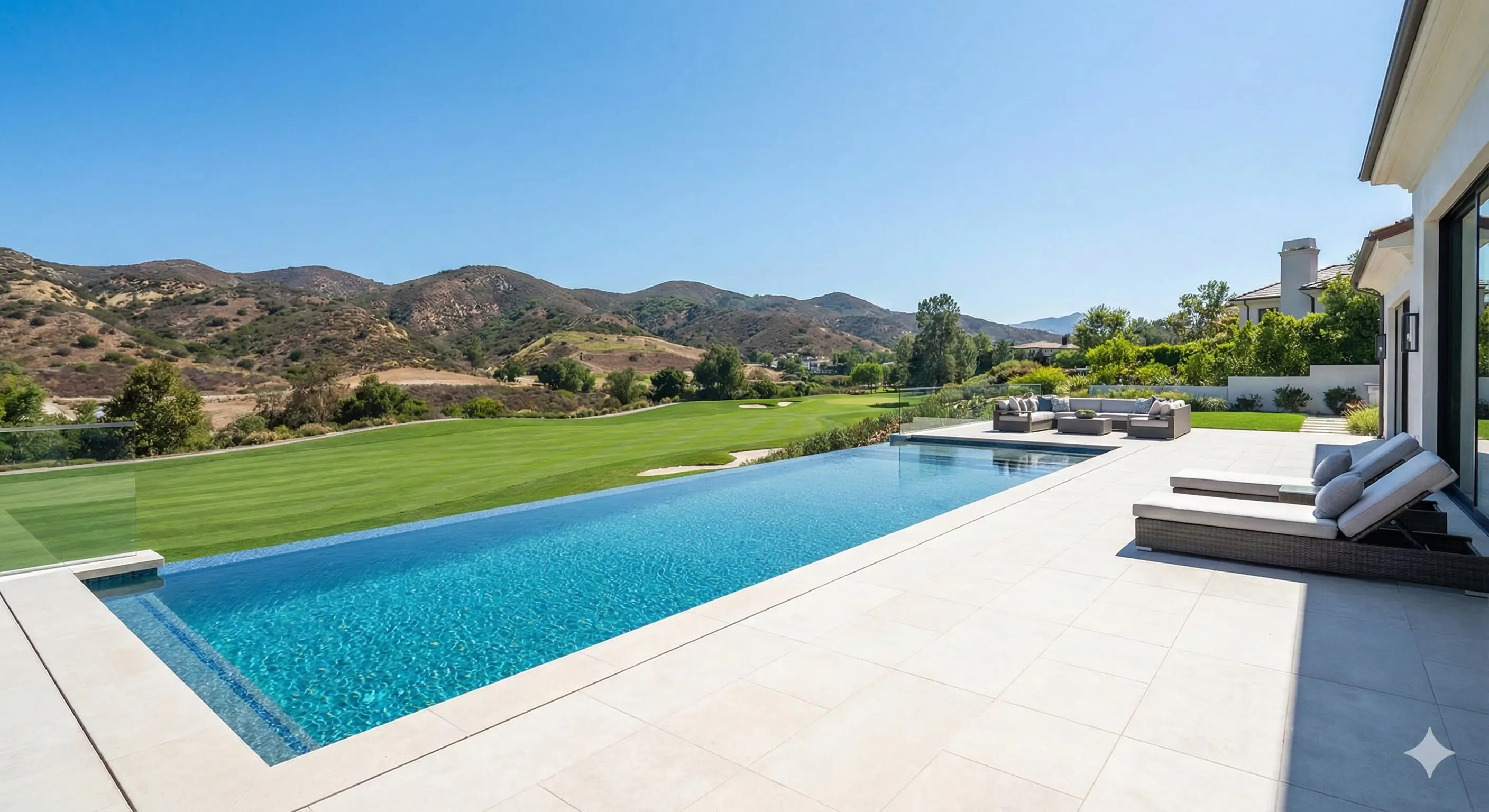 Luxury estate in Westlake Village with an infinity pool overlooking a golf course fairway, cleaned by Maid VIP.