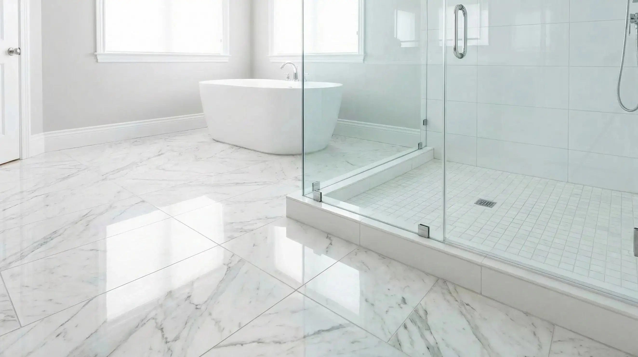 Gleaming marble tile and grout in a luxury Thousand Oaks bathroom, restored by Maid VIP.