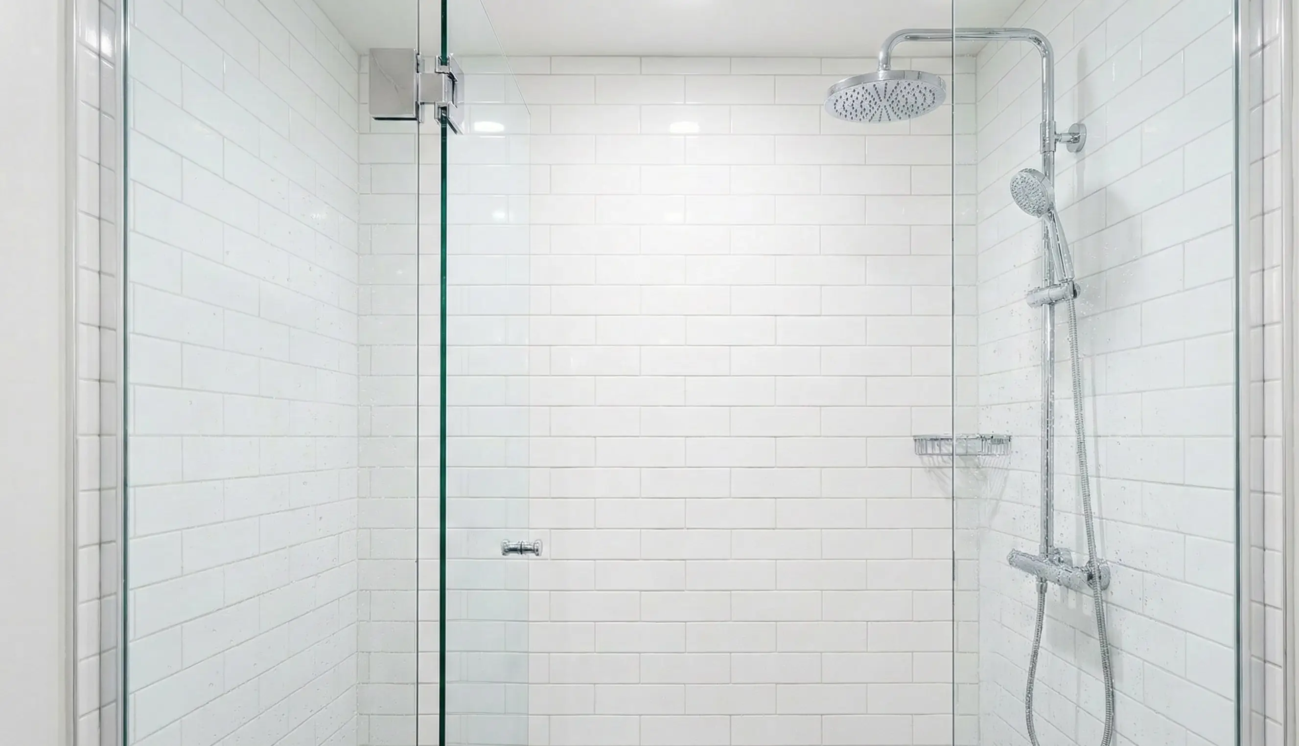 Immaculate glass shower and clean tile grout, reflecting Maid VIP&apos;s bathroom hygiene protocol in Westlake Village.