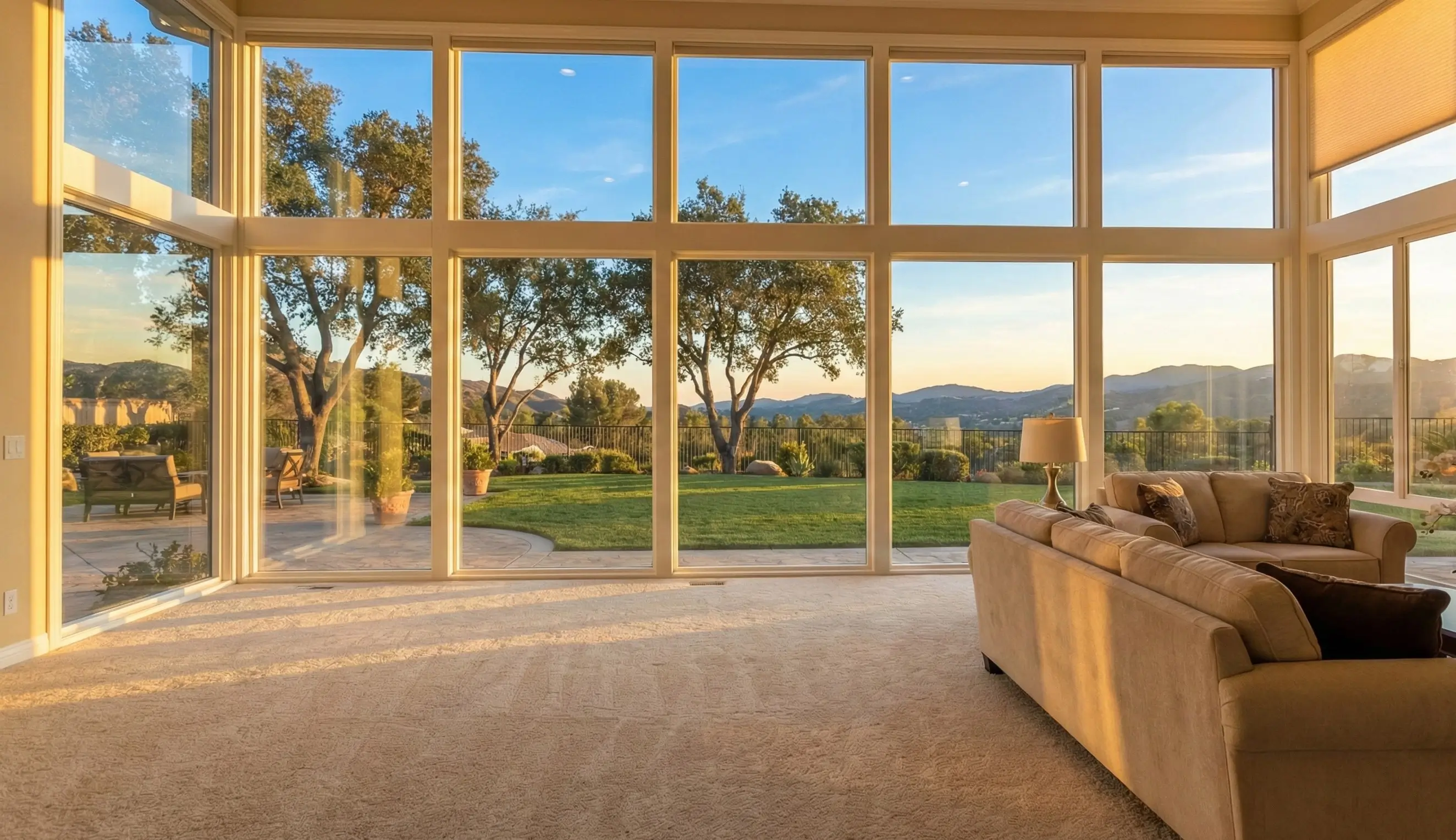 Wide-angle view from inside a perfectly clean luxury living room in Thousand Oaks, looking through sparkling floor-to-ceiling windows at a manicured backyard and rolling hills at sunset.