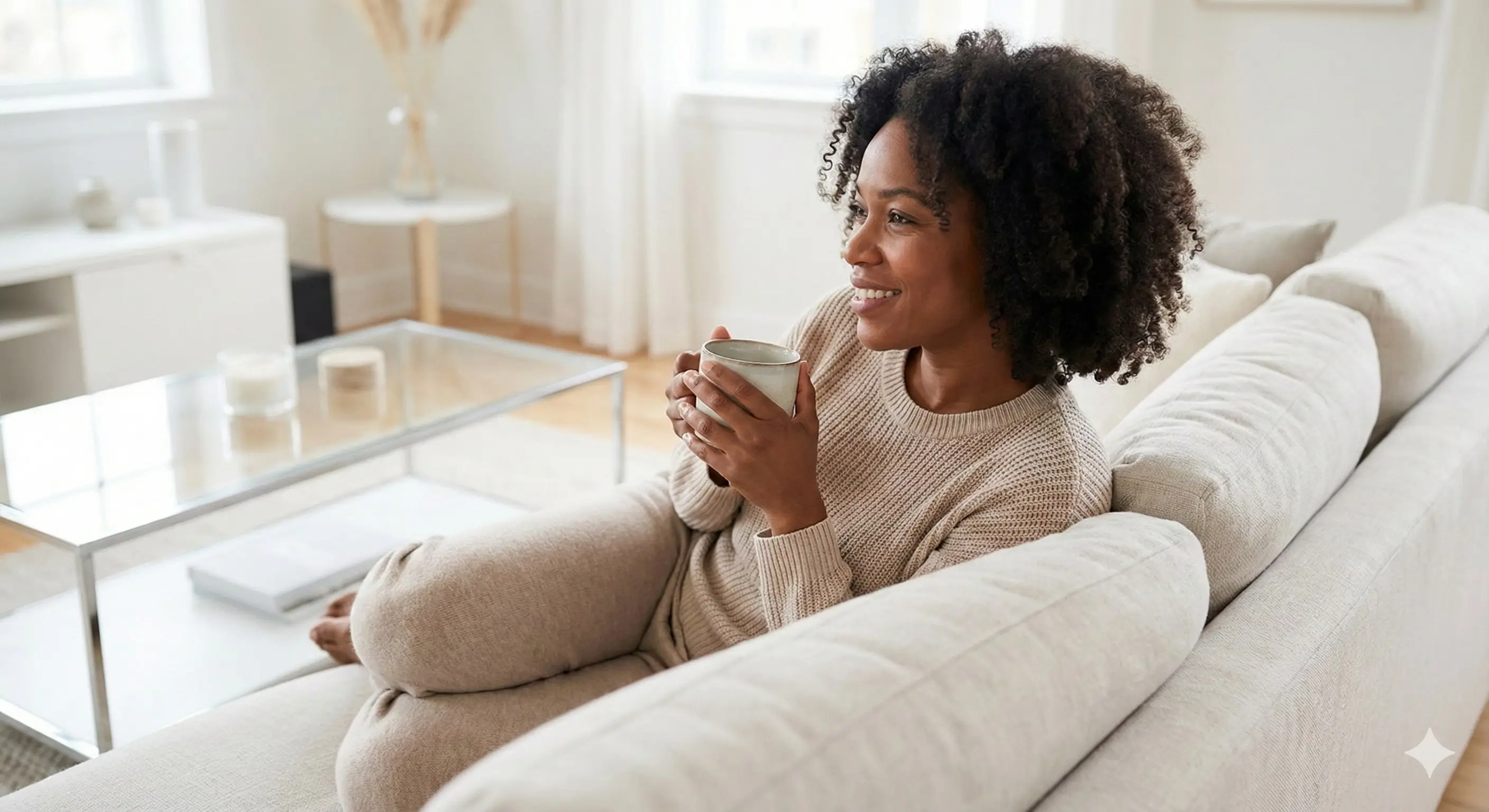 Relaxed homeowner enjoying a clean living room after using a Maid VIP gift card.