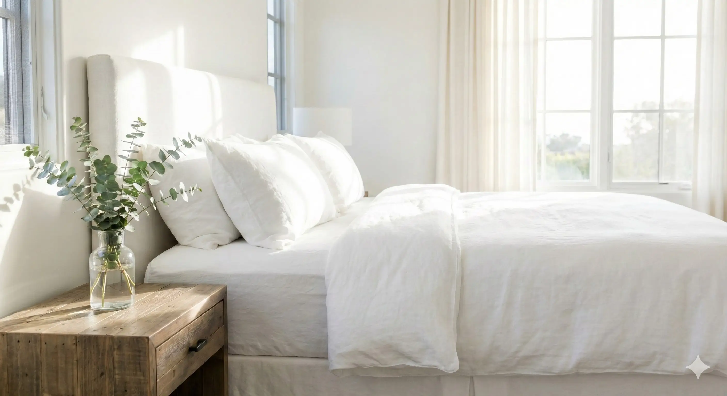 Serene, spotless master bedroom with fresh linens, representing the gift of relaxation with a Maid VIP gift card.