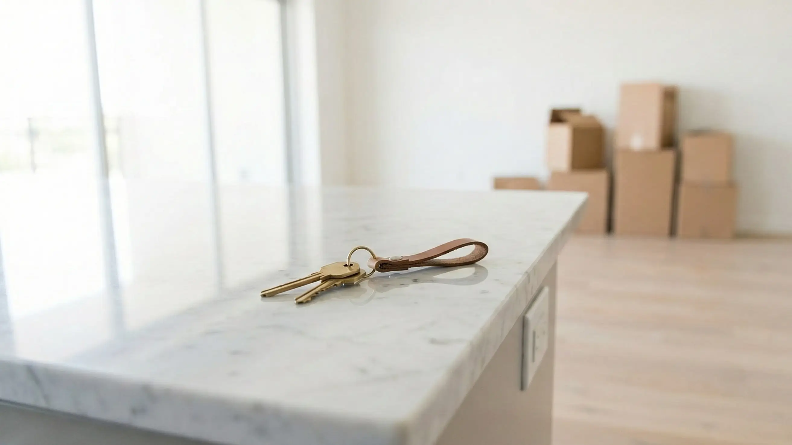 Spotless marble kitchen counter with house keys and moving boxes, representing move-in cleaning services in Westlake Village.