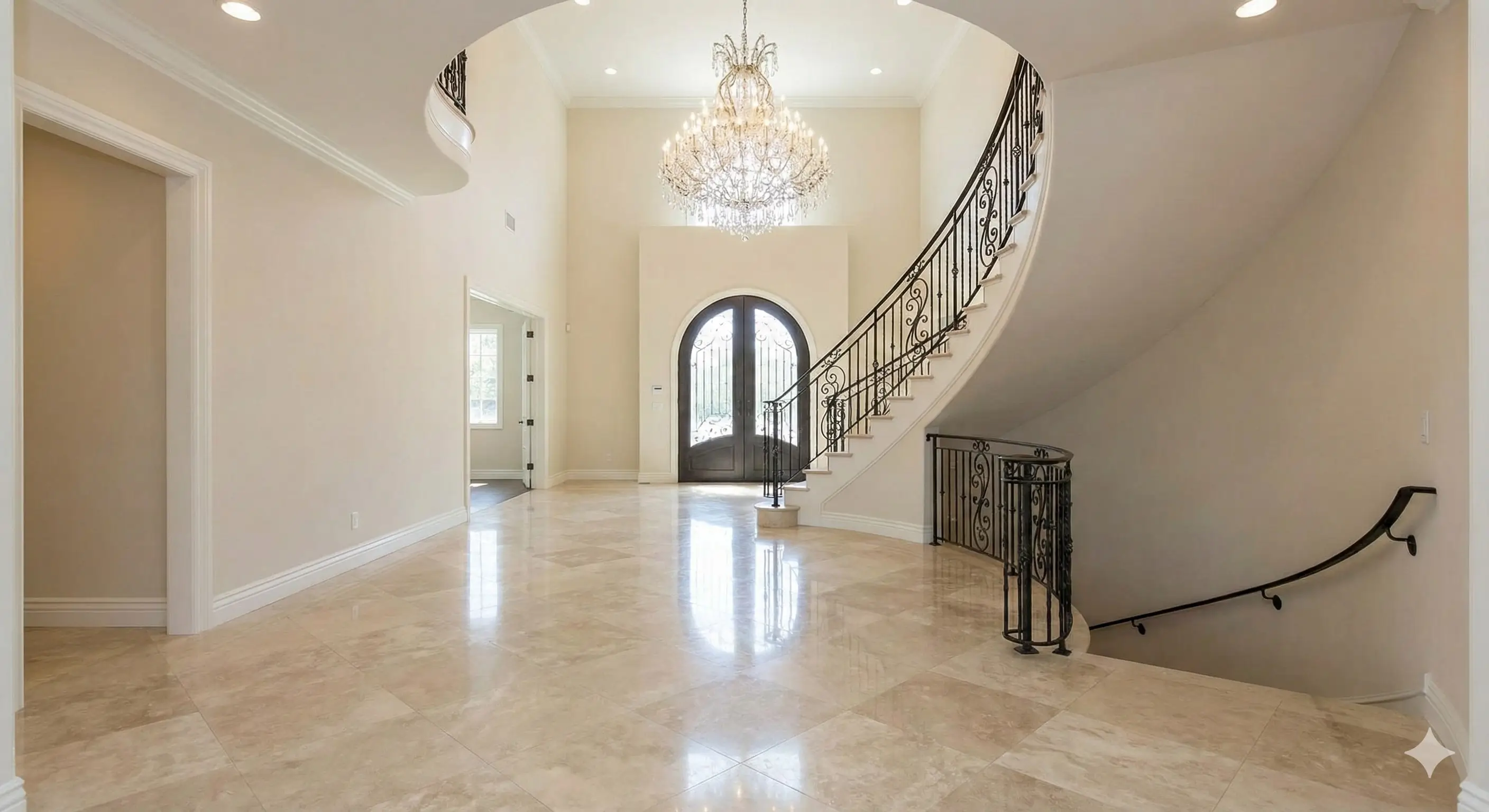 Grand foyer in a North Ranch estate with gleaming travertine floors, cleaned by Maid VIP.