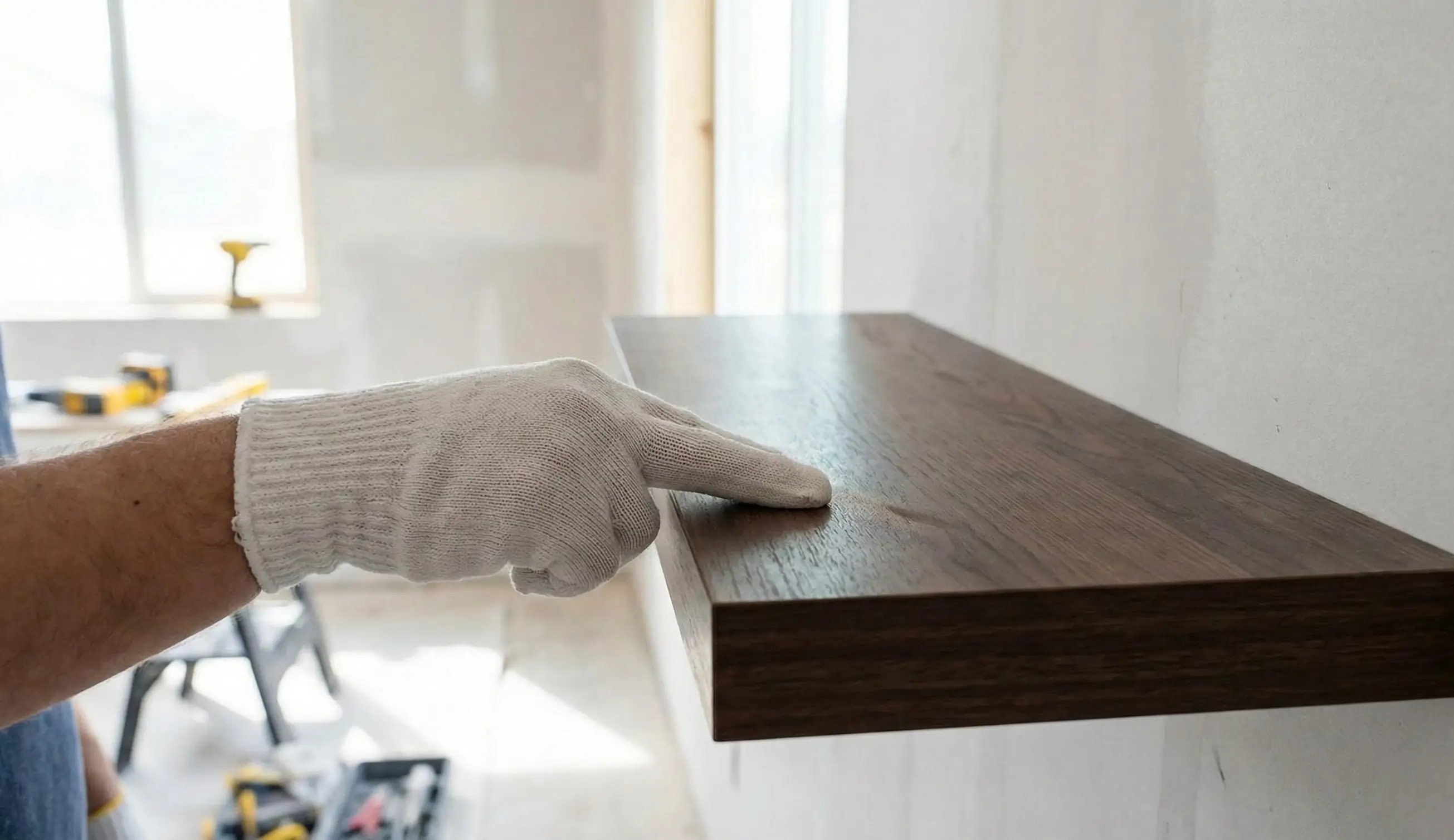 Post-construction cleaning specialist performing a white-glove dust check on a renovated property.