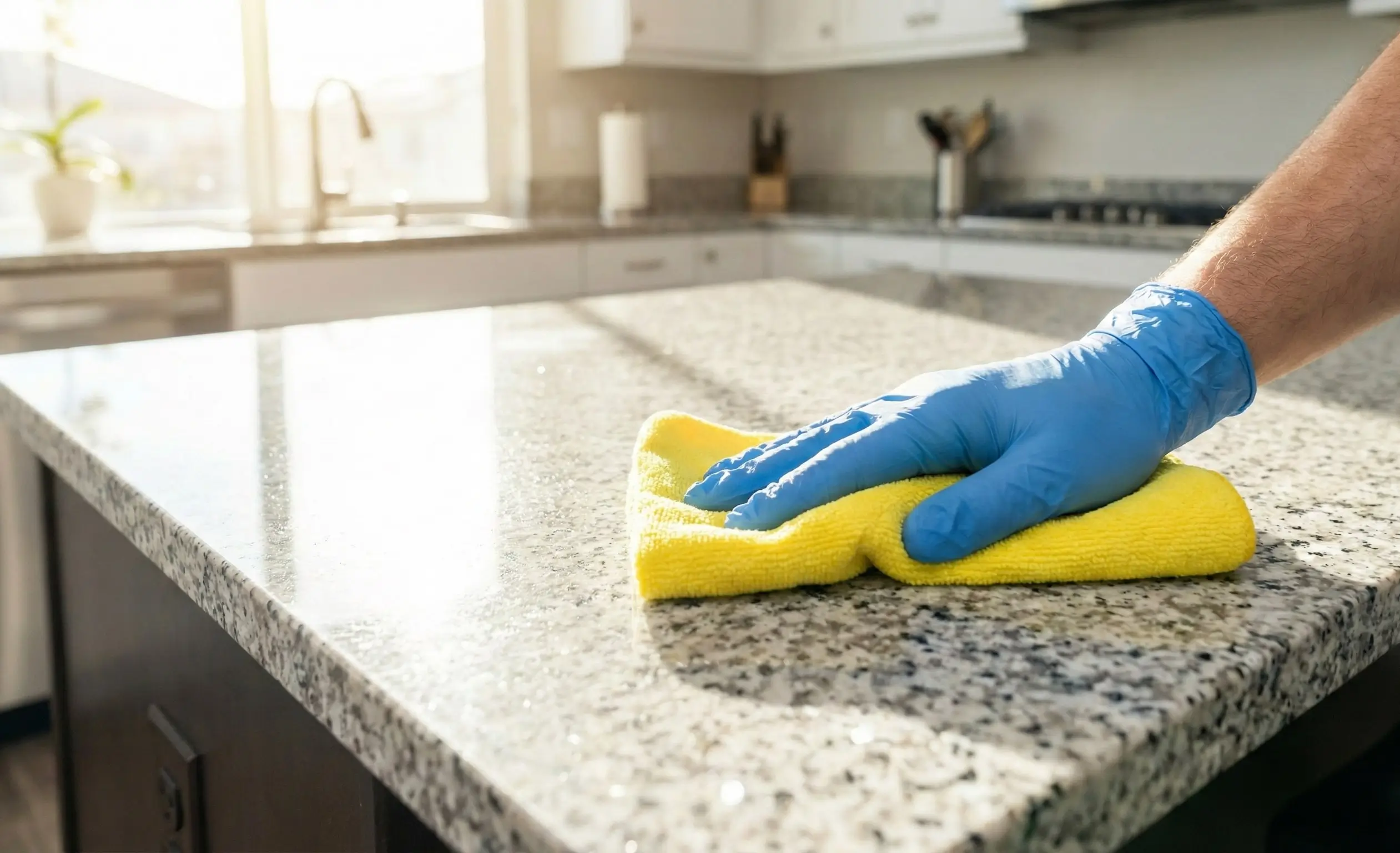 Professional maid using color-coded microfiber to sanitize a granite countertop in a Westlake Village kitchen.