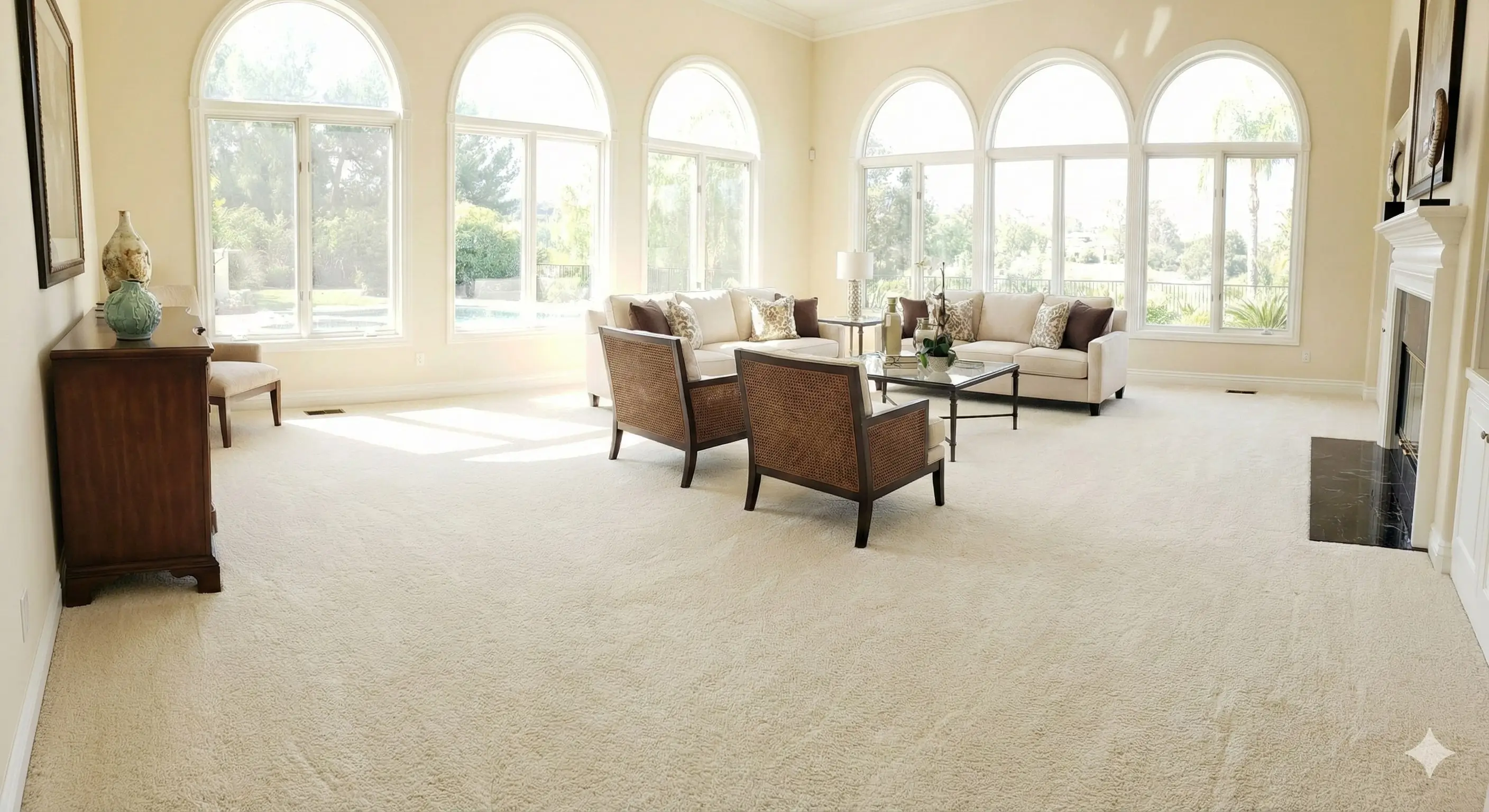 Spacious luxury living room in Westlake Village with freshly cleaned, plush beige carpet and sunlight streaming through arched windows.