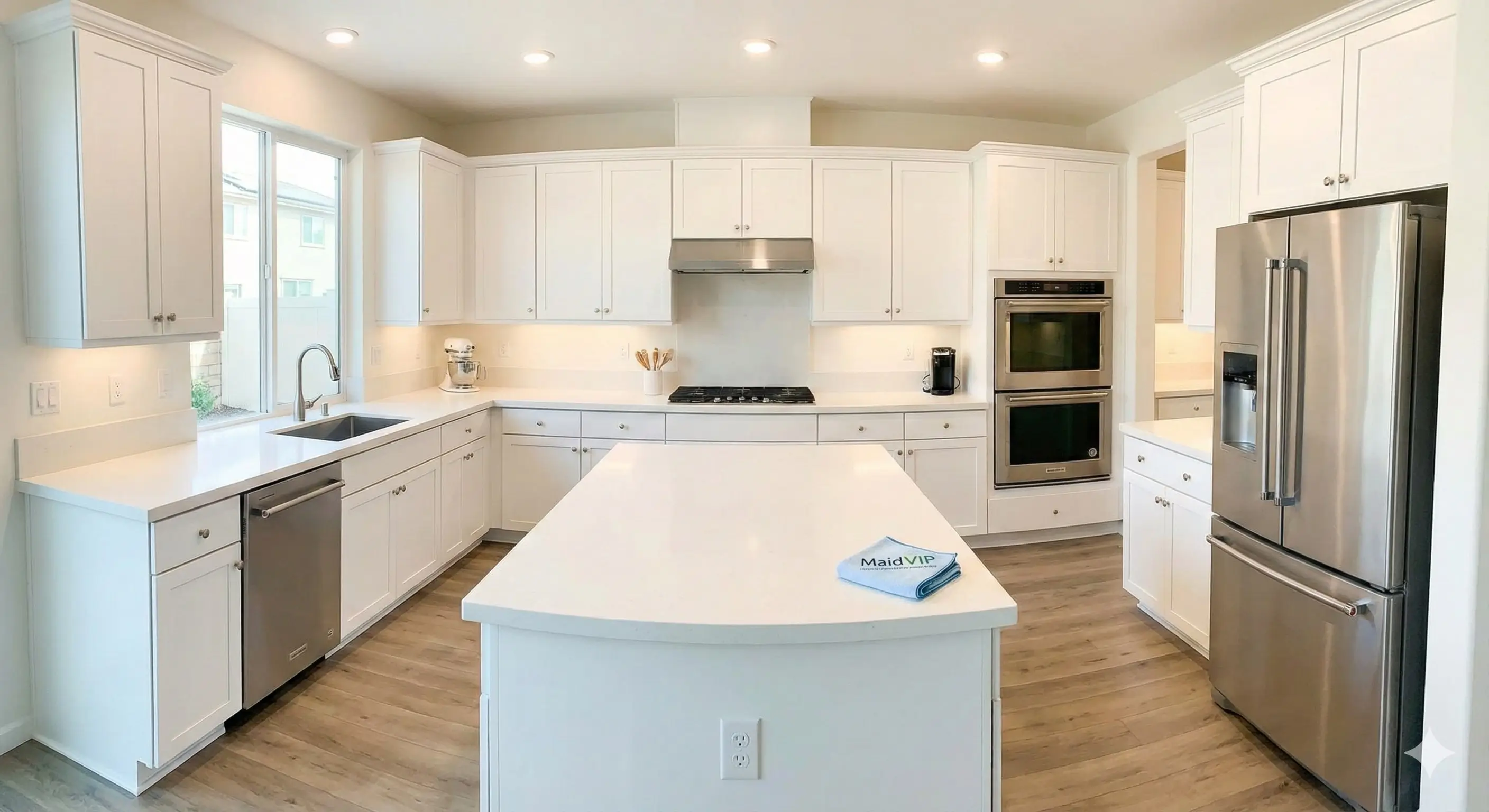 Spotlessly clean white modern kitchen in a Thousand Oaks family home, with a branded Maid VIP cloth on the island.