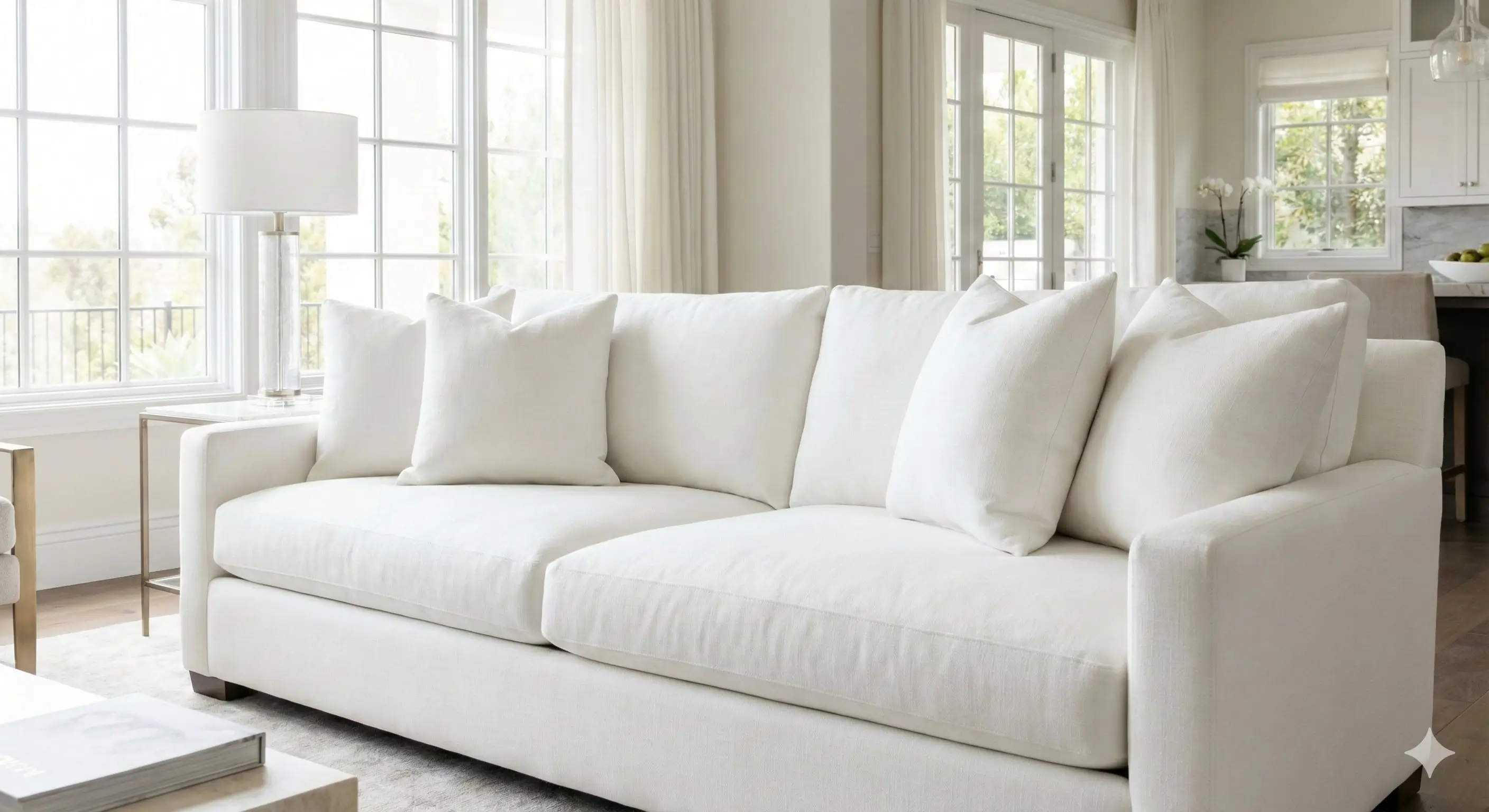 Pristine white Belgian linen sofa in a sunlit luxury living room in Westlake Village.